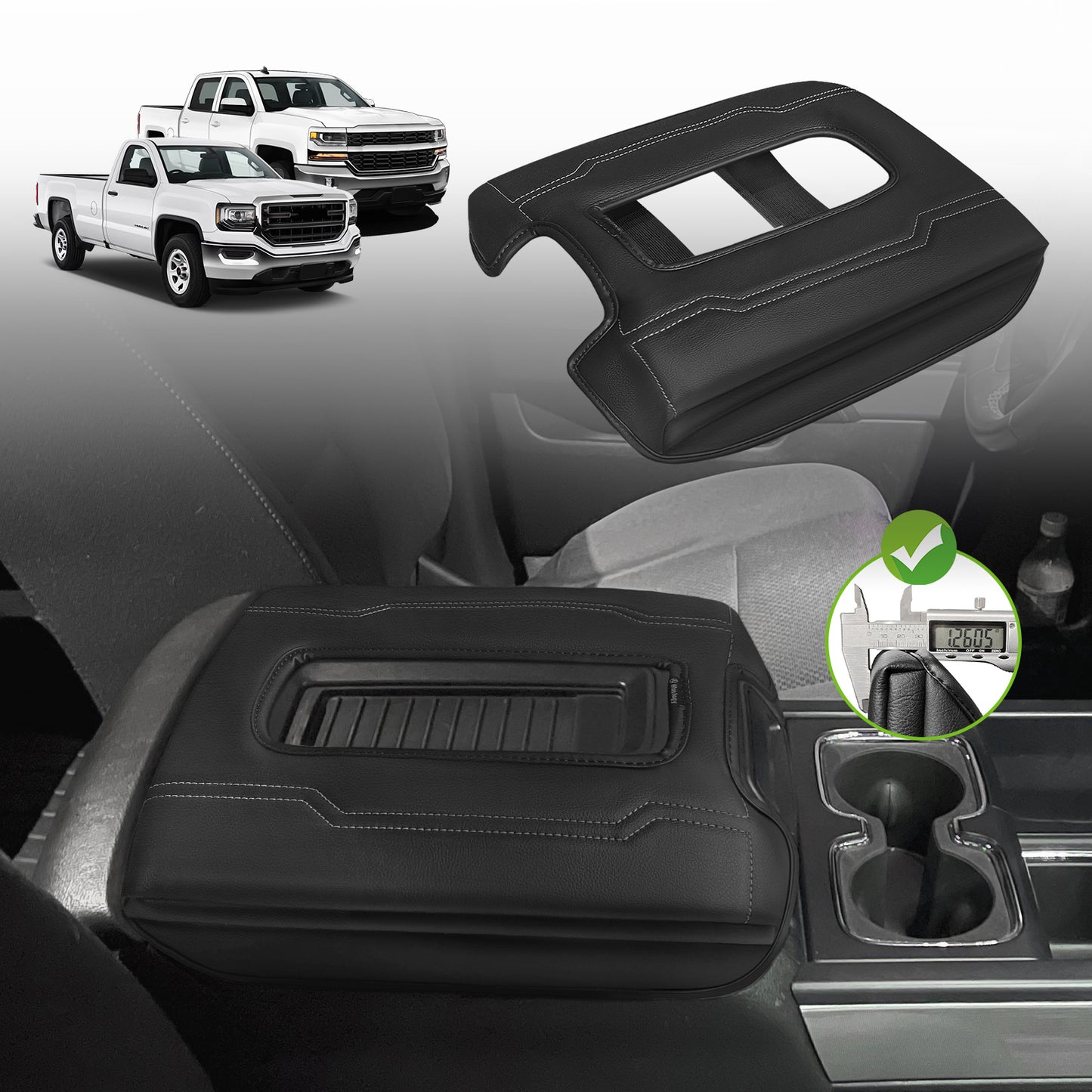 Center Console Armrest Cover Compatible with Chevy Silverado & GMC Sierra 1500 2500 3500 2014-2018 Armrest Pad Arm Rest Cushion Vegan Leather Protector 1-Inch Extra Thick(Bucket Seat ONLY)