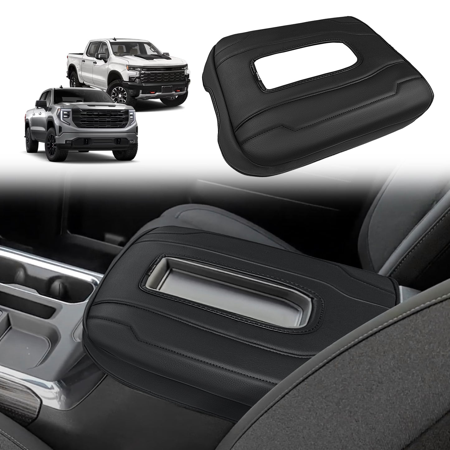 Center Console Armrest Cover Compatible with Chevy Silverado & GMC Sierra 1500 2500 3500 2022-2025 Comfort Armrest Pad Arm Rest Cushion Vegan Leather Protector Regular Thick(Bucket Seat ONLY)