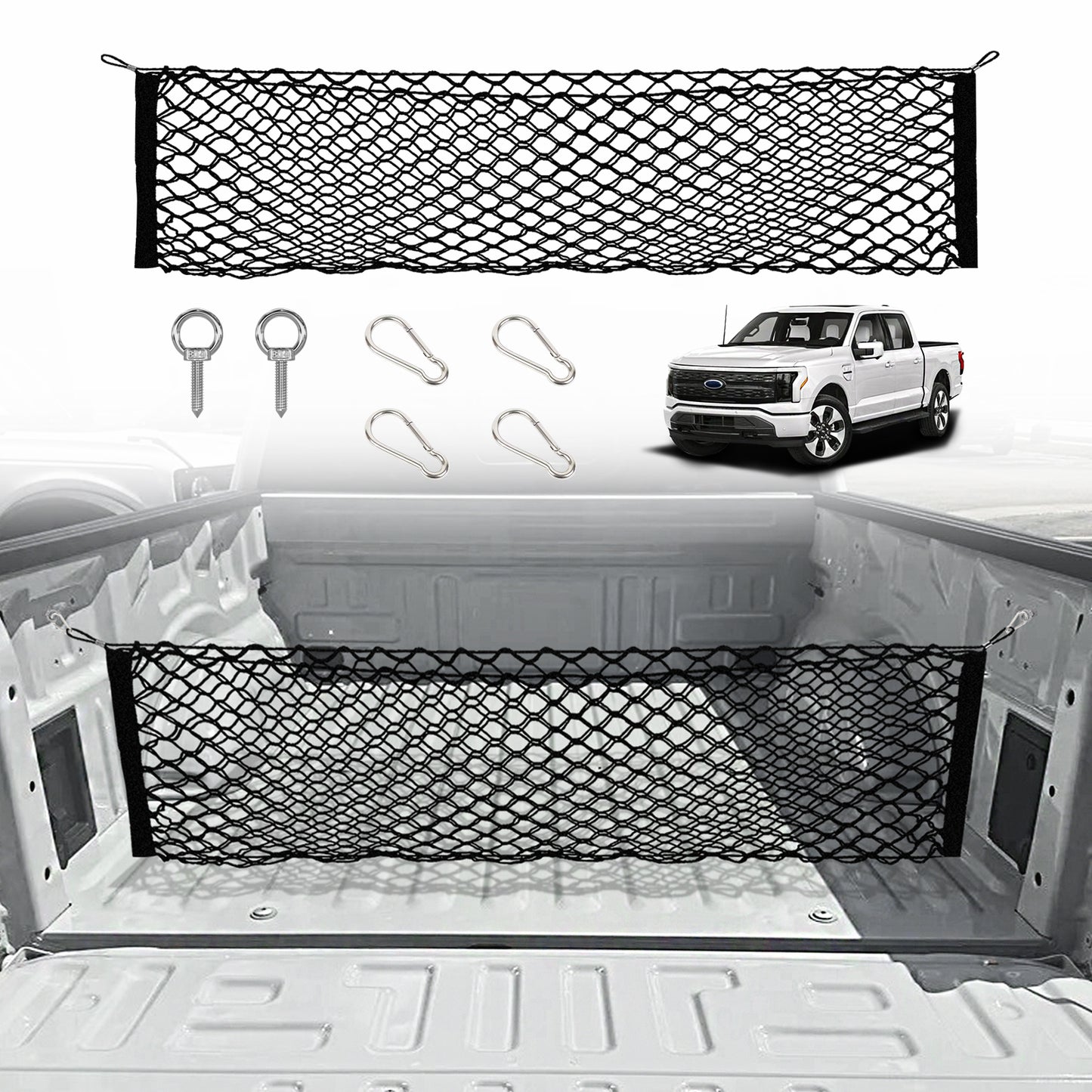 TripleAliners Truck Bed Cargo Net Compatible with Ford F150 2015-2023 2024, Include Lightning Accessories Bed Storage Net Cargo Organizer Pickup Truck Bed Envelope Style Cargo Net with Heavy Duty Carabiners