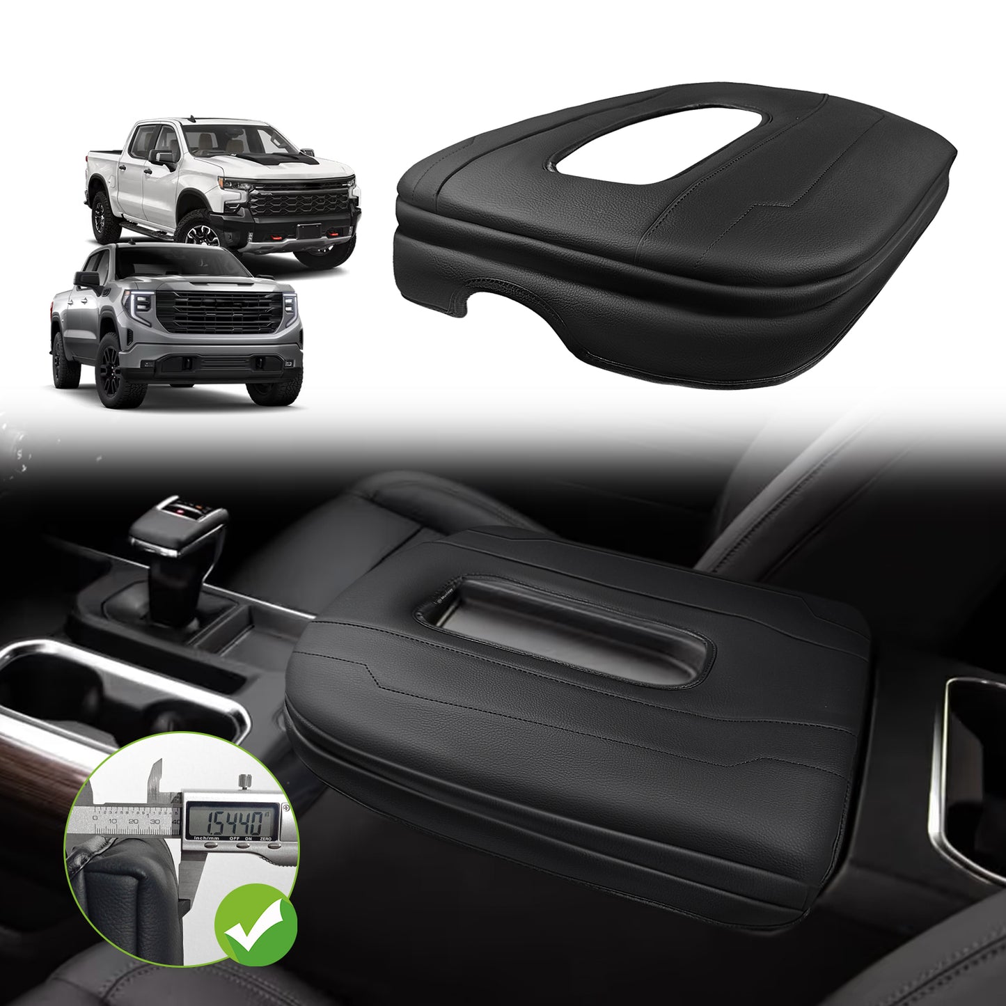 Center Console Armrest Cover Compatible with Chevy Silverado & GMC Sierra 1500 2500 3500 2022-2025 Armrest Pad Arm Rest Cushion Vegan Leather Protector 1-Inch Extra Thick(Bucket Seat ONLY)