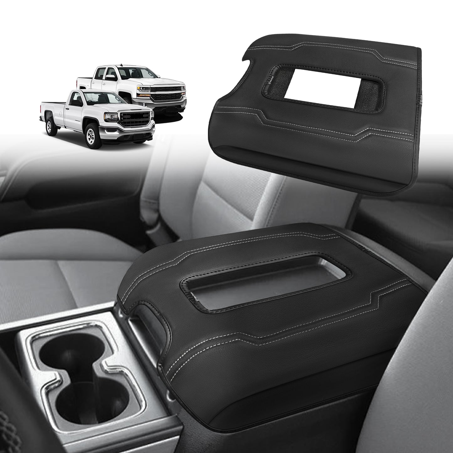 Center Console Armrest Cover Compatible with Chevy Silverado & GMC Sierra 1500 2500 3500 2014-2018 Comfort Armrest Pad Arm Rest Cushion Vegan Leather Protector Regular Thick(Bucket Seat ONLY)