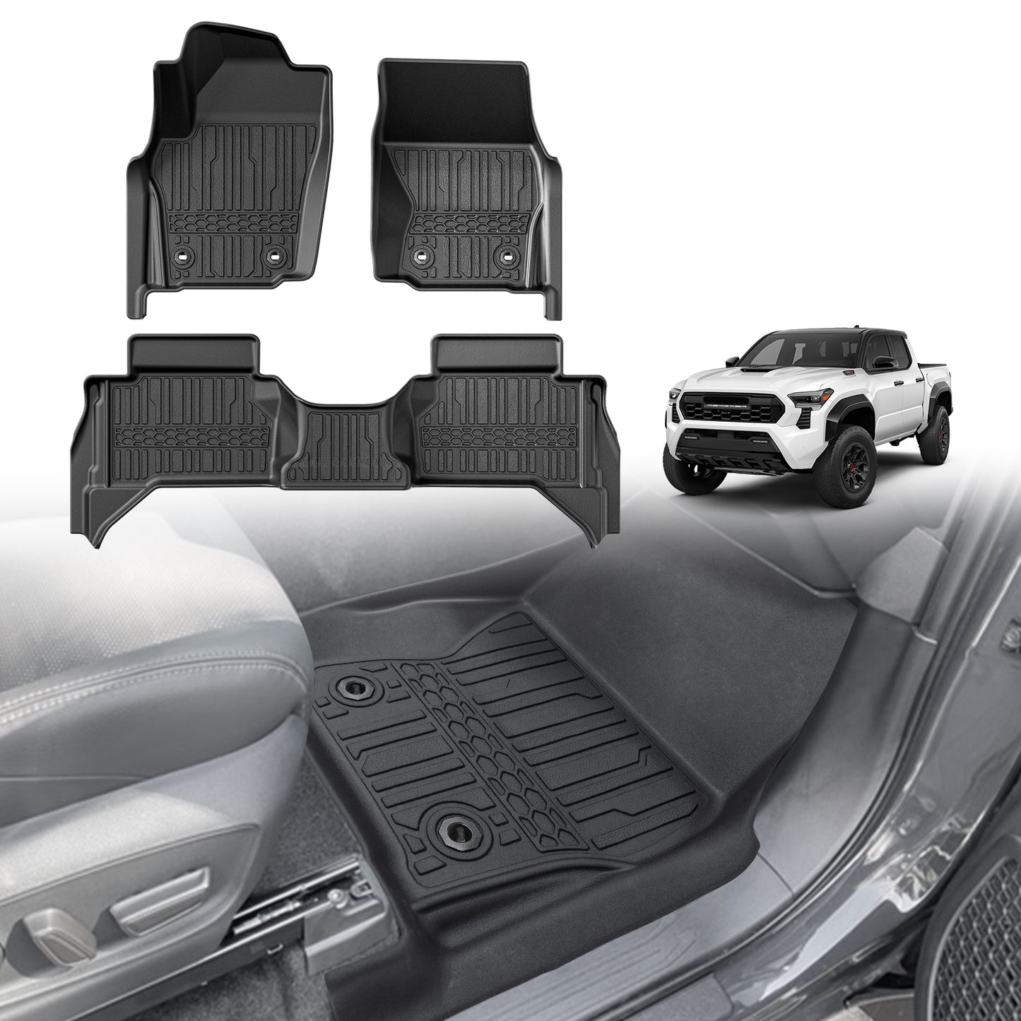 TripleAliners Floor Mats All Weather Liners Compatible with 2024 2025 Toyota Tacoma Accessories Double Cab Front & Rear 2-Row Custom Fit TPE Floor Liners, Manual Trans- NO For Hybrid|Auto (Floor Mats)