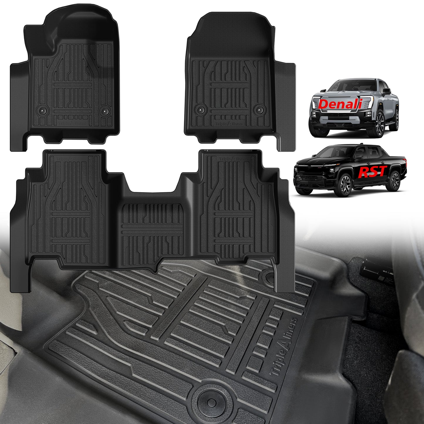 TripleAliners Floor Mats All Weather Liners Compatible with 2024 2025 Chevrolet Silverado EV RST(Not for WT/LT) & GMC Sierra EV Denali Accessories 1st & 2nd Row Full Set TPE Heavy Duty Protection Custom Fit Floor Liners