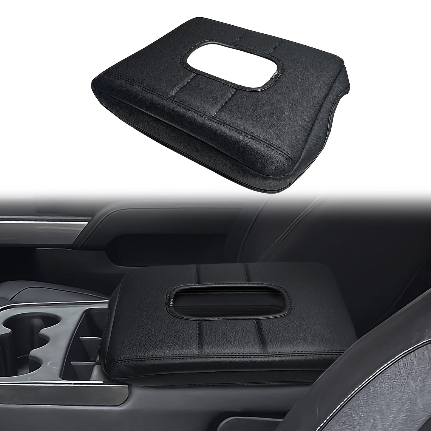 Muslogy Center Console Armrest Cover Compatible with Chevy Silverado & GMC Sierra 2014-2018 Comfort Armrest Pad Arm Rest Cushion Vegan Leather Protector Regular Thick(Jump Seat ONLY)