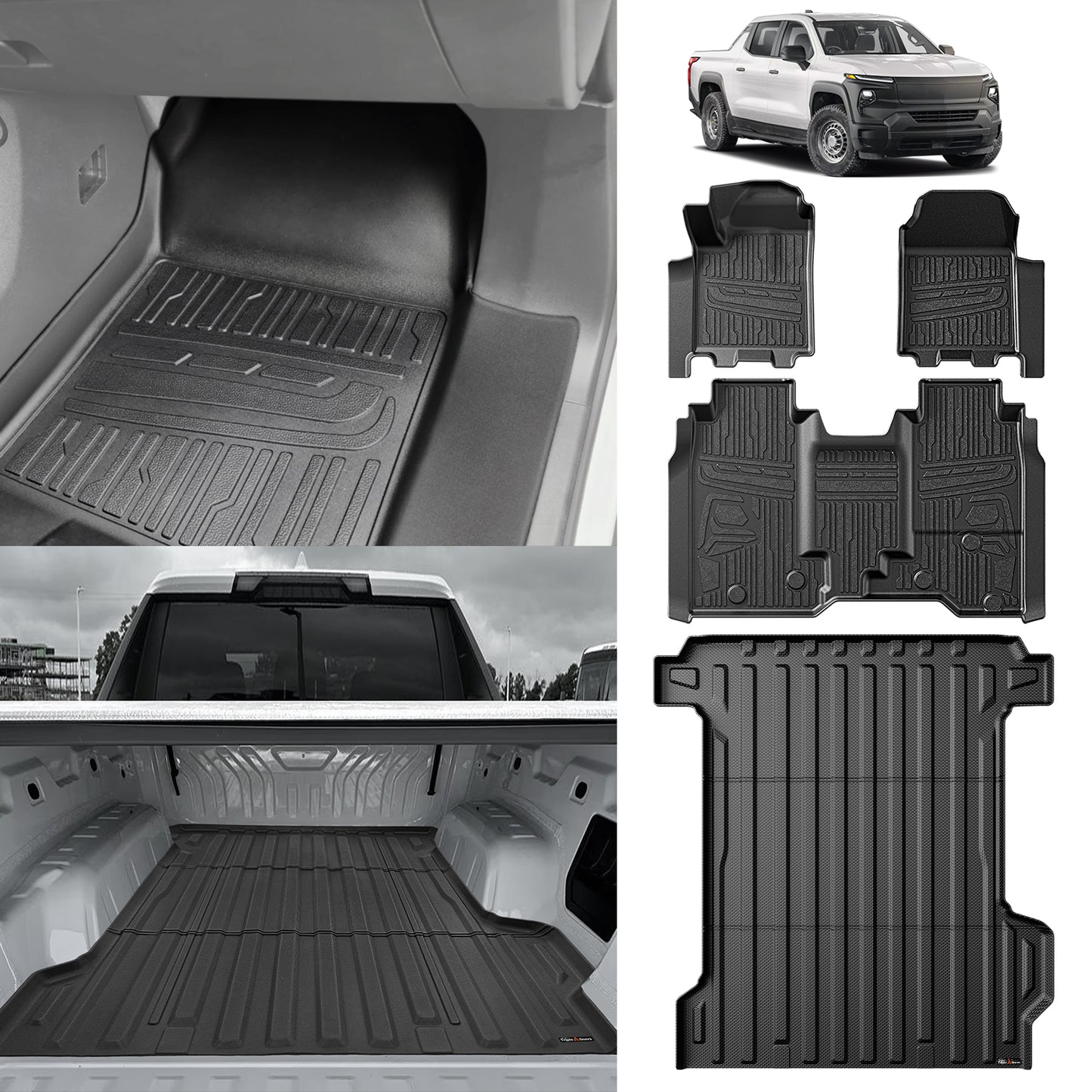 Truck Bed Mat & Floor Mats Front Rear Full Set Compatible with 2024 2025 Chevrolet Silverado EV WT Version Accessories All Weather TPE Liners Custom Fit (Floor Mats+Bed Mat)