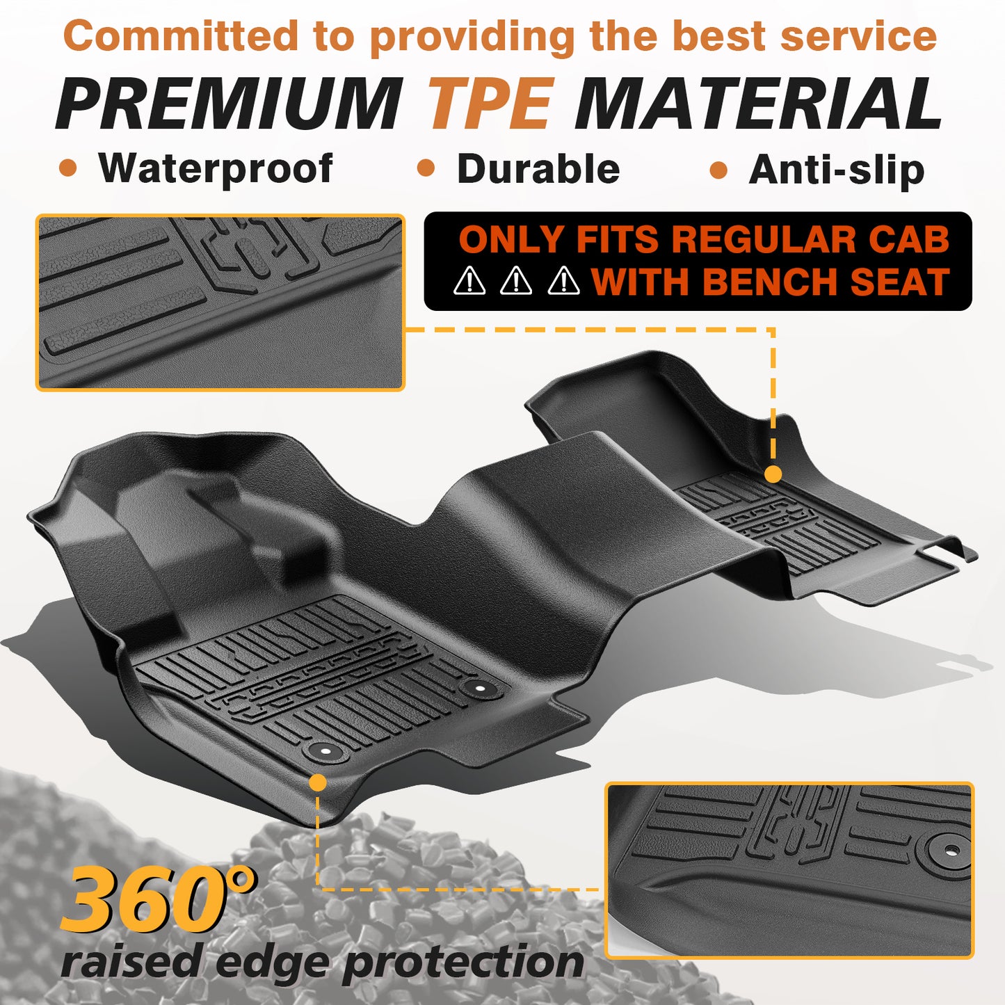 TripleAliners Floor Mats All Weather Liner Compatible with 2015-2025 Ford F150 Regular Cab Accessories 1st Row TPE Liner for Bench Seat with Vinyl Flooring 1pc