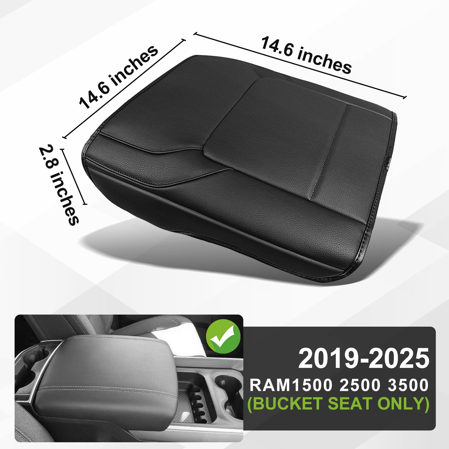 Center Console Armrest Cover Compatible with Dodge Ram1500 2500 3500 2019-2025 Comfort Armrest Pad Arm Rest Cushion Vegan Leather Protector Regular Thick(Bucket Seat ONLY, NO Limited)