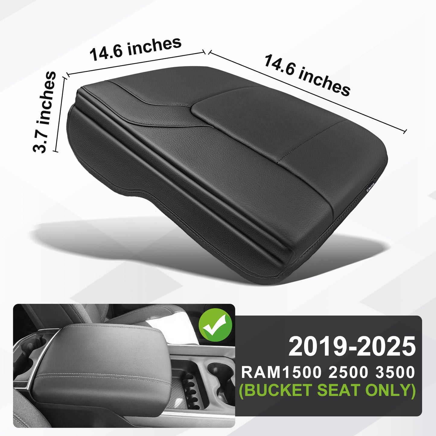 Center Console Armrest Cover Compatible with Dodge Ram1500 2500 3500 2019-2025 Comfort Armrest Pad Arm Rest Cushion Vegan Leather Protector 1-Inch Extra Thick(Bucket Seat ONLY, NO FOR LIMITED)