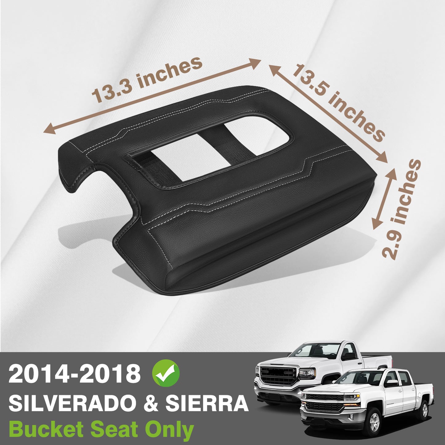 Center Console Armrest Cover Compatible with Chevy Silverado & GMC Sierra 1500 2500 3500 2014-2018 Armrest Pad Arm Rest Cushion Vegan Leather Protector 1-Inch Extra Thick(Bucket Seat ONLY)