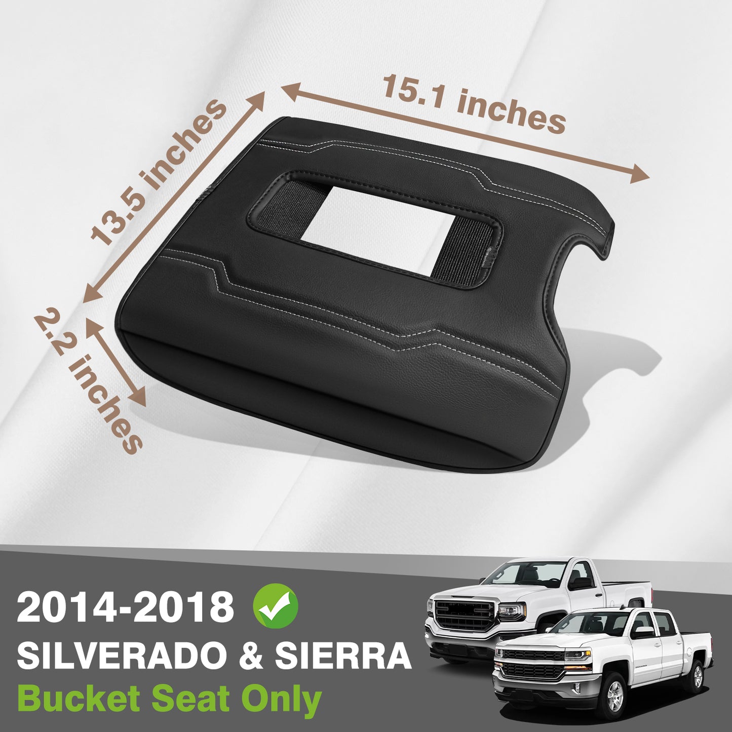 Center Console Armrest Cover Compatible with Chevy Silverado & GMC Sierra 1500 2500 3500 2014-2018 Comfort Armrest Pad Arm Rest Cushion Vegan Leather Protector Regular Thick(Bucket Seat ONLY)