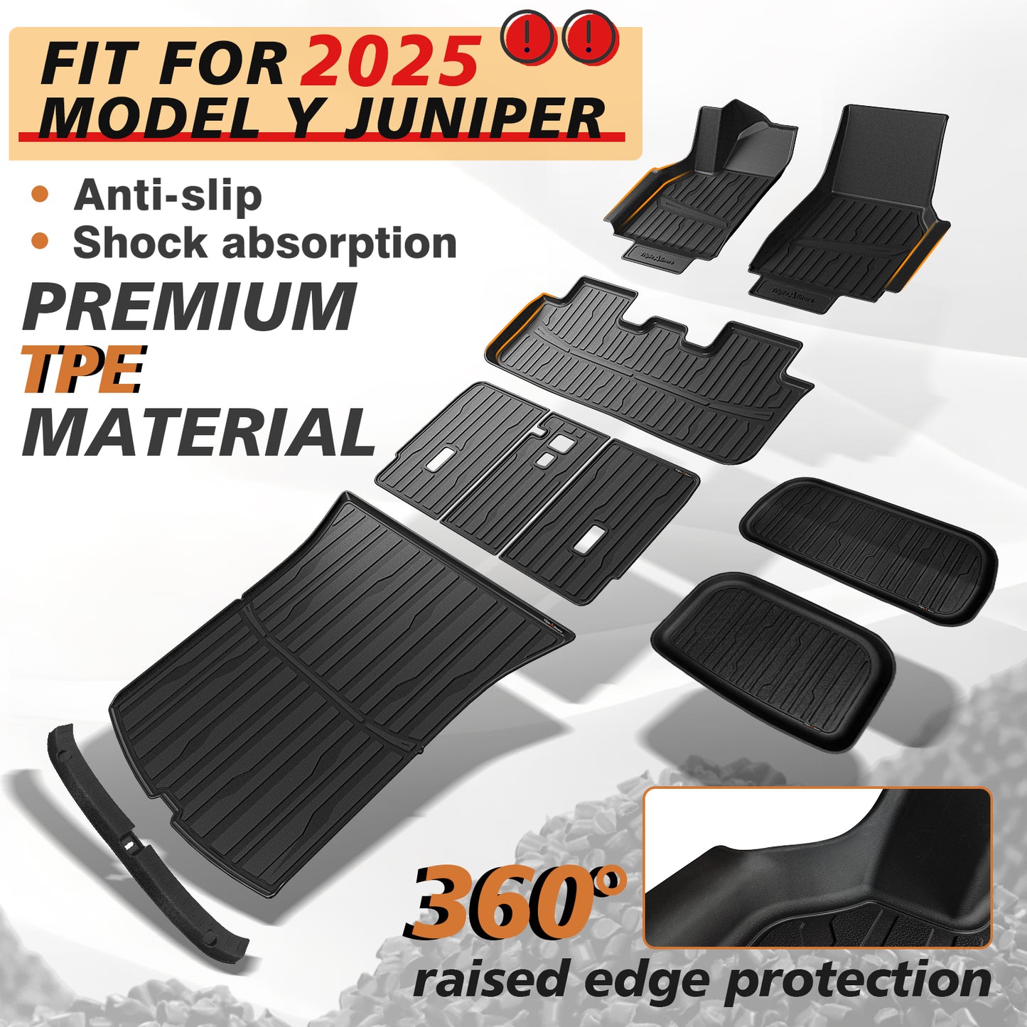 TripleAliners Floor Mats Fit for 2025 Tesla Model Y Juniper 10PCS Set Full Protection All Weather TPE Anti-Slip Custom Fit(Floor & Frunk & Trunk & Rear Lower & Backrest Mat & Bumper Guard )