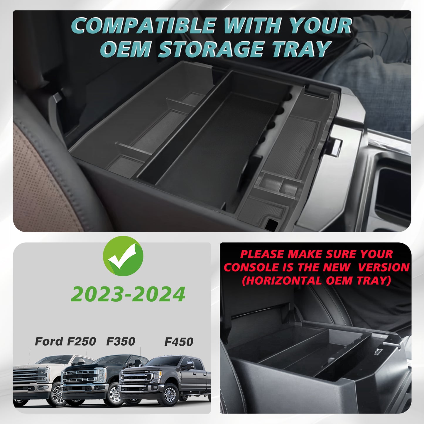 Center Console Organizer for 2023-2024 Ford F250 F350 F450 Super Duty (Fit with OEM Tray)
