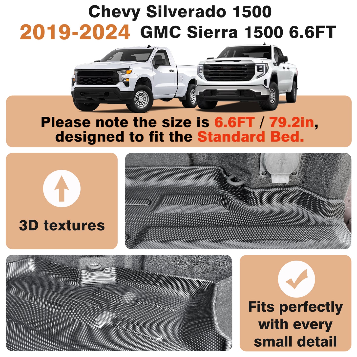 TripleAliners Truck Bed Mat Compatible with 2019-2025 Chevy Silverado 1500/GMC Sierra 1500 Accessories 6.6FT Vehicle Bed Mat Perfectly Flush All Weather Protection TPE Heavy Duty Pickup Bed Cargo Mat