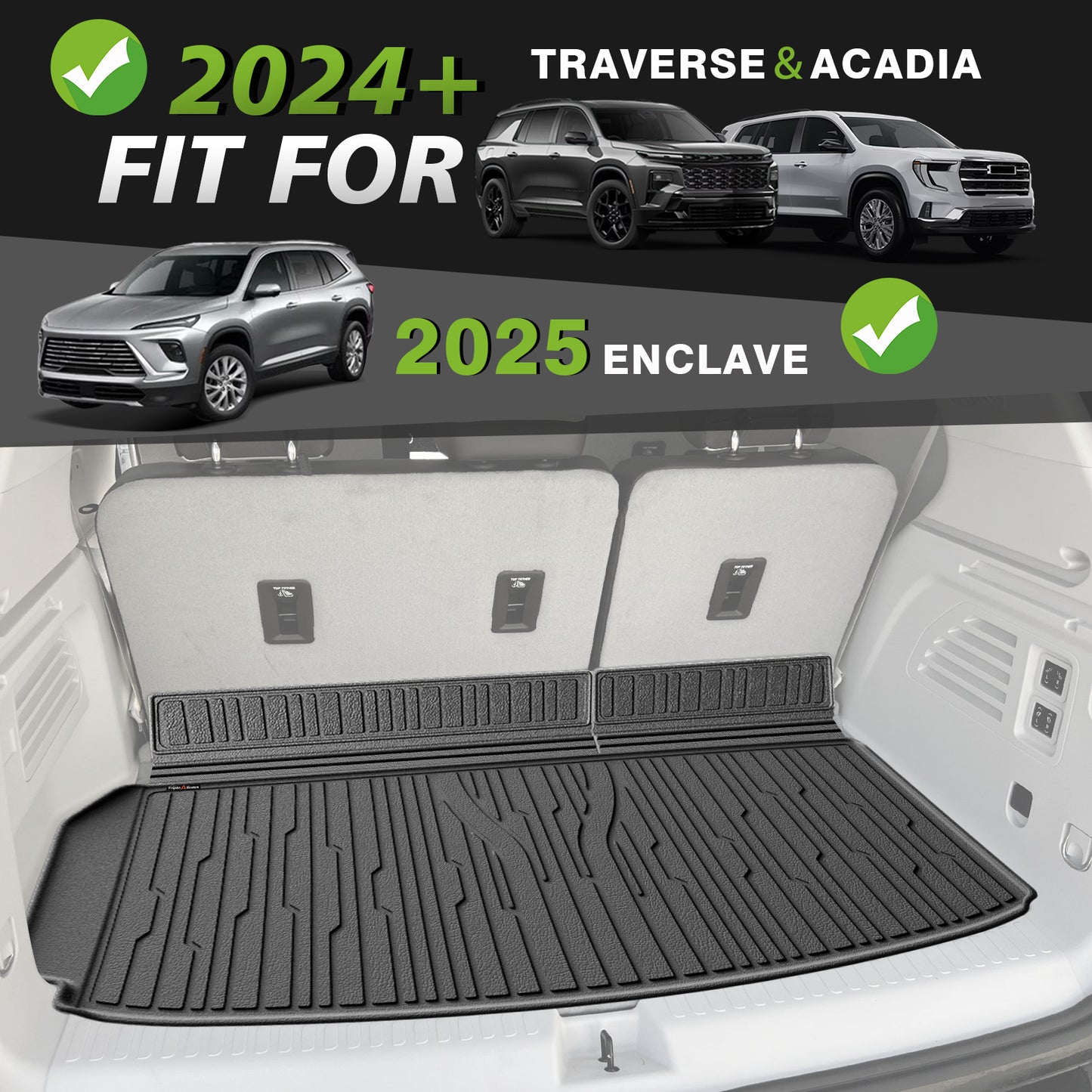 TripleAliners Trunk Floor Mat All Weather Liner Compatible with 2024+ GMC Acadia/Chevy Traverse / 2025 Buick EnclaveAccessories Custom Fit Protection Car Liner TPE Rear Trunk Floor Mat