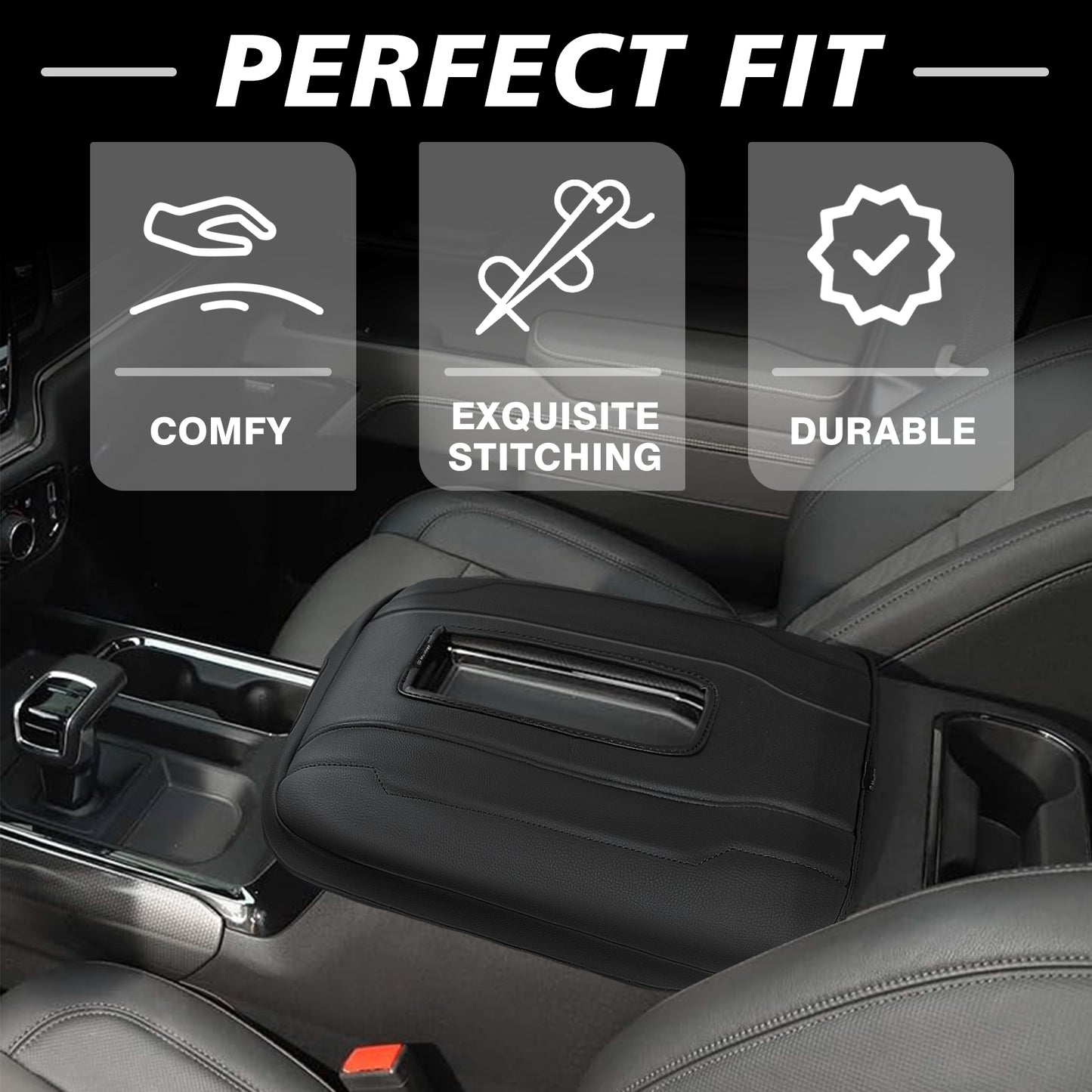 Center Console Armrest Cover Compatible with Chevy Silverado & GMC Sierra 1500 2500 3500 2022-2025 Comfort Armrest Pad Arm Rest Cushion Vegan Leather Protector Regular Thick(Bucket Seat ONLY)