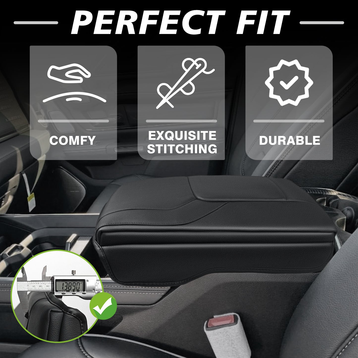 Center Console Armrest Cover Compatible with Dodge Ram1500 2500 3500 2019-2025 Comfort Armrest Pad Arm Rest Cushion Vegan Leather Protector 1-Inch Extra Thick(Bucket Seat ONLY, NO FOR LIMITED)