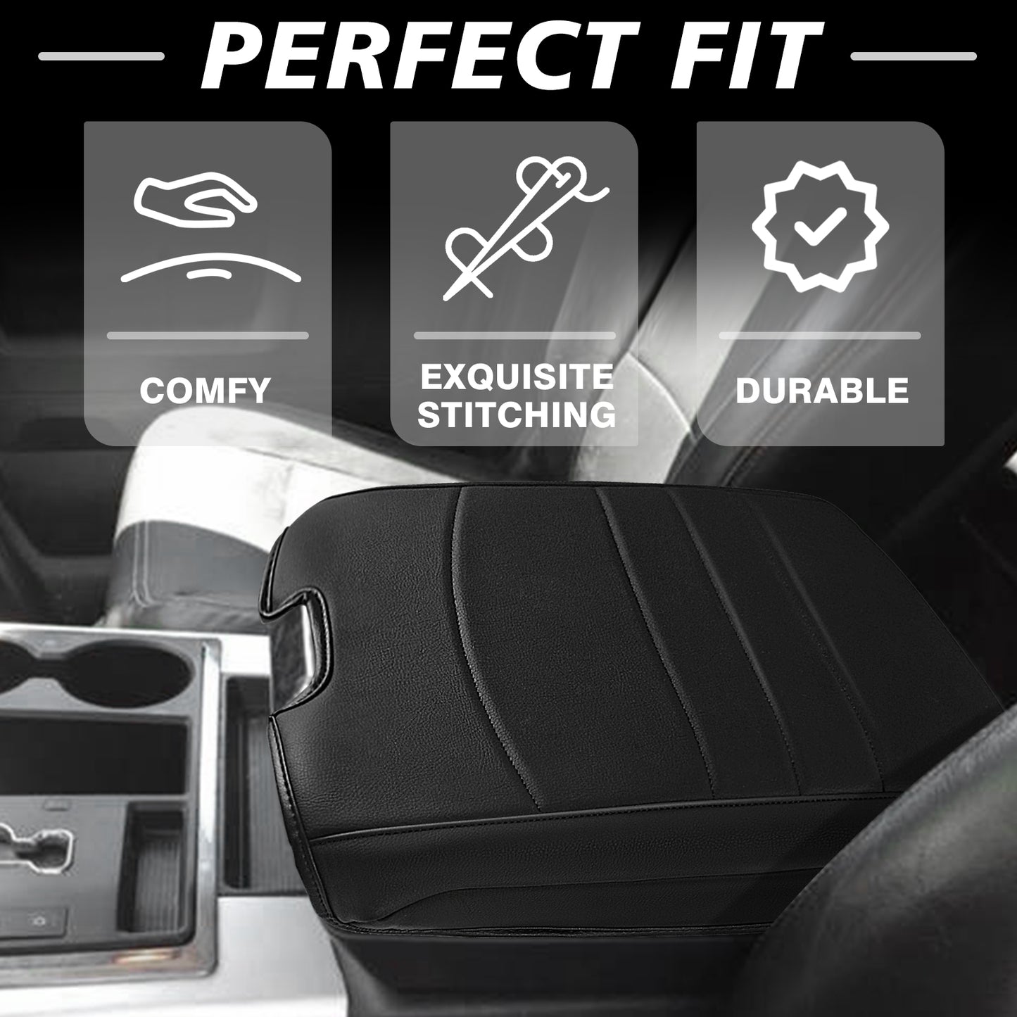 Center Console Armrest Cover Compatible with Dodge Ram1500/2500/3500 2013-2018 Comfort Armrest Pad Arm Rest Cushion Vegan Leather Protector Regular Thick(Bucket Seat ONLY)
