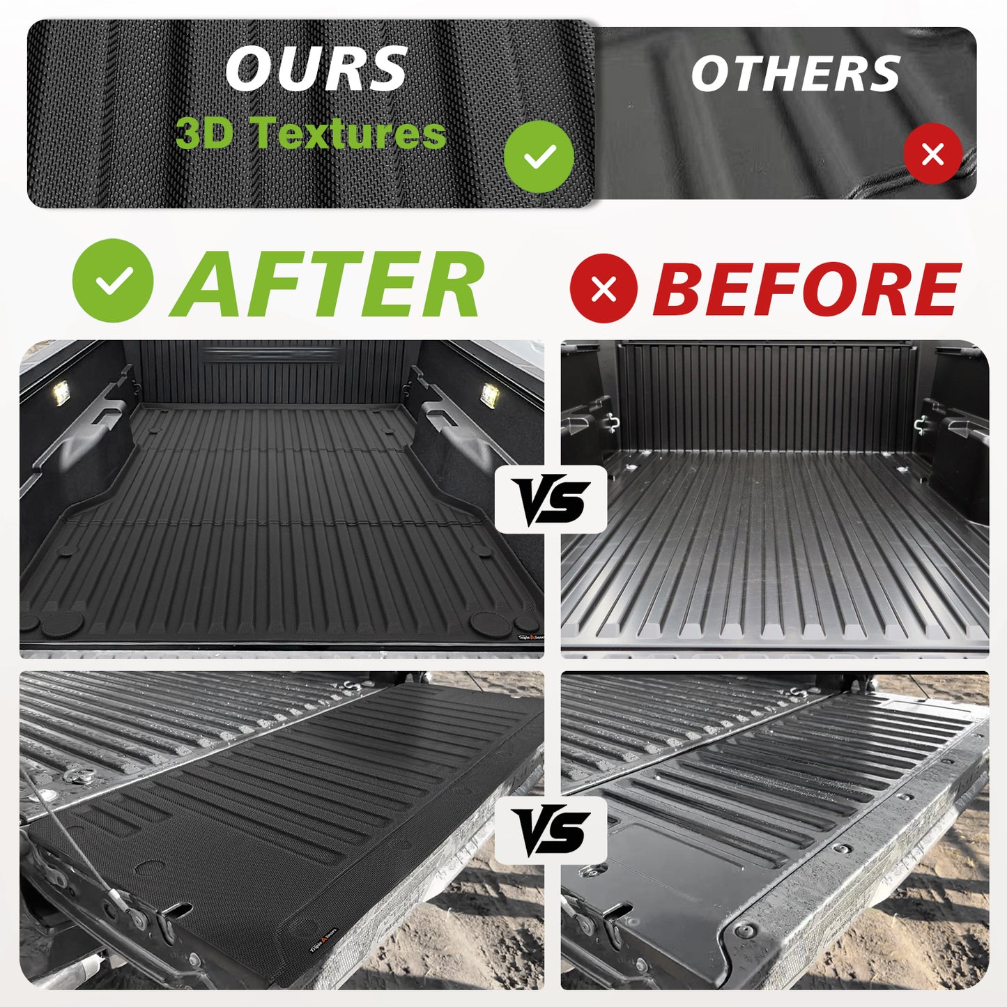 TripleAliners Truck Bed Mat & Tailgate Mat Compatible with 2024+ Toyota Tacoma 6FT Bed Mat Tailgate Protector 2PCS Set All-Weather TPE Truck Bed Liner Pickup Truck Accessories(6FT Bed Mat+Tailgate Mat: WON'T FIT POWER TAILGATE!)))