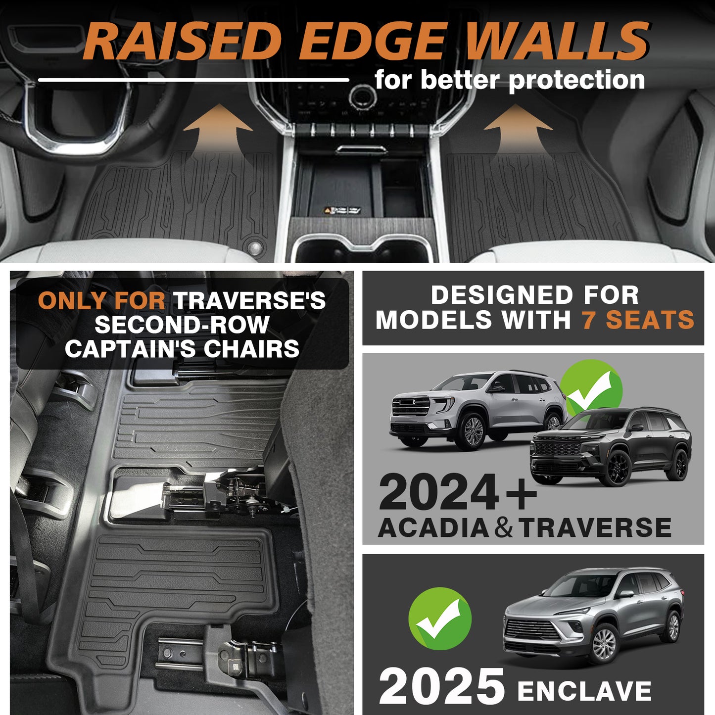 TripleAliners Floor Mats&Trunk Mat All Weather Car Liners Compatible with 2024+GMC Acadia/Chevy Traverse&2025 Buick Enclave Accessories TPE Custom Fit Full Set Liners Protection(Floor Mats+Trunk Mat)