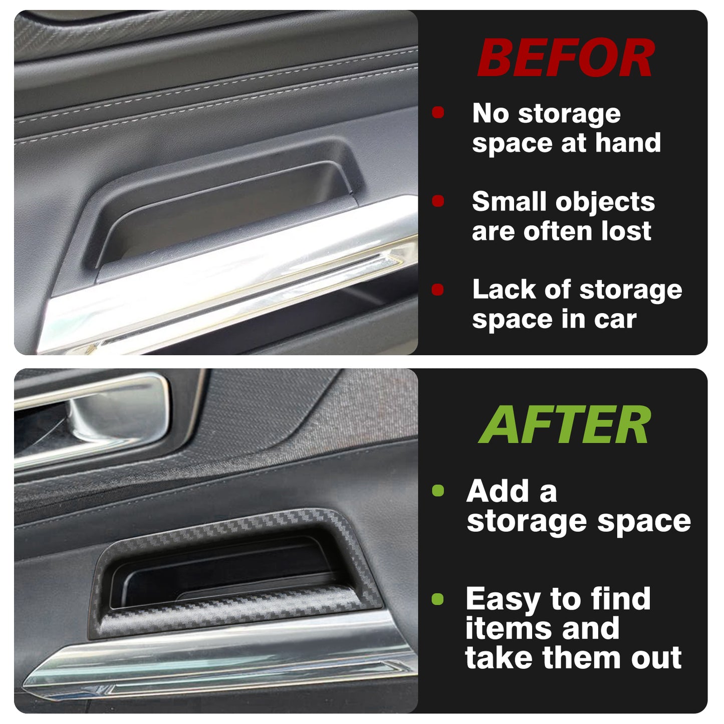 for 2024 Mustang Door Handle Storage Box 2PCS Door Pocket Insert Organizer Interior Accessories Armrest Phone Container ABS Tray