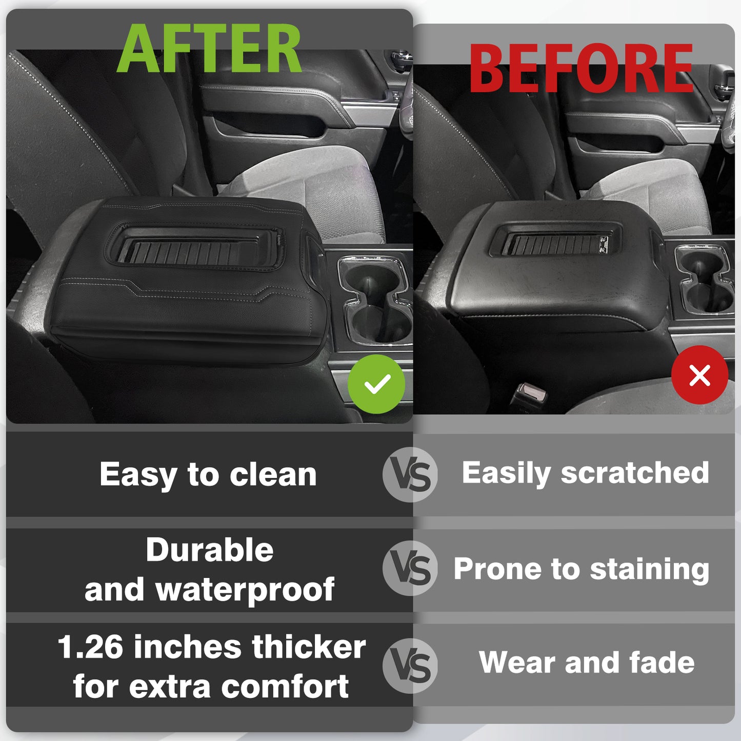 Center Console Armrest Cover Compatible with Chevy Silverado & GMC Sierra 1500 2500 3500 2014-2018 Armrest Pad Arm Rest Cushion Vegan Leather Protector 1-Inch Extra Thick(Bucket Seat ONLY)