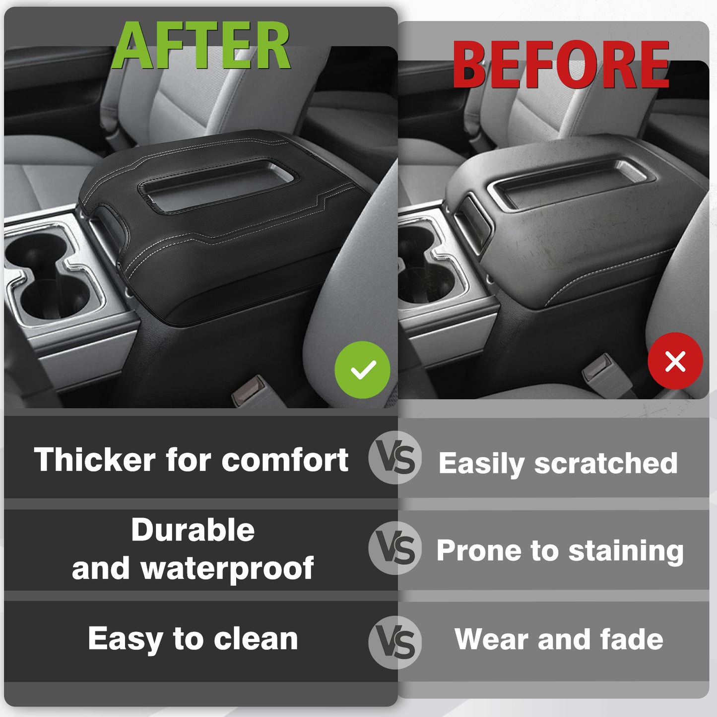 Center Console Armrest Cover Compatible with Chevy Silverado & GMC Sierra 1500 2500 3500 2014-2018 Comfort Armrest Pad Arm Rest Cushion Vegan Leather Protector Regular Thick(Bucket Seat ONLY)