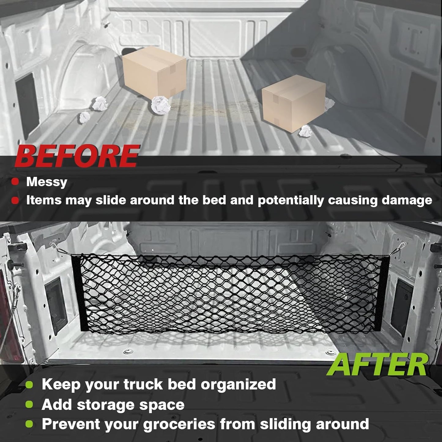 TripleAliners Truck Bed Cargo Net Compatible with Ford F150 2015-2023 2024, Include Lightning Accessories Bed Storage Net Cargo Organizer Pickup Truck Bed Envelope Style Cargo Net with Heavy Duty Carabiners
