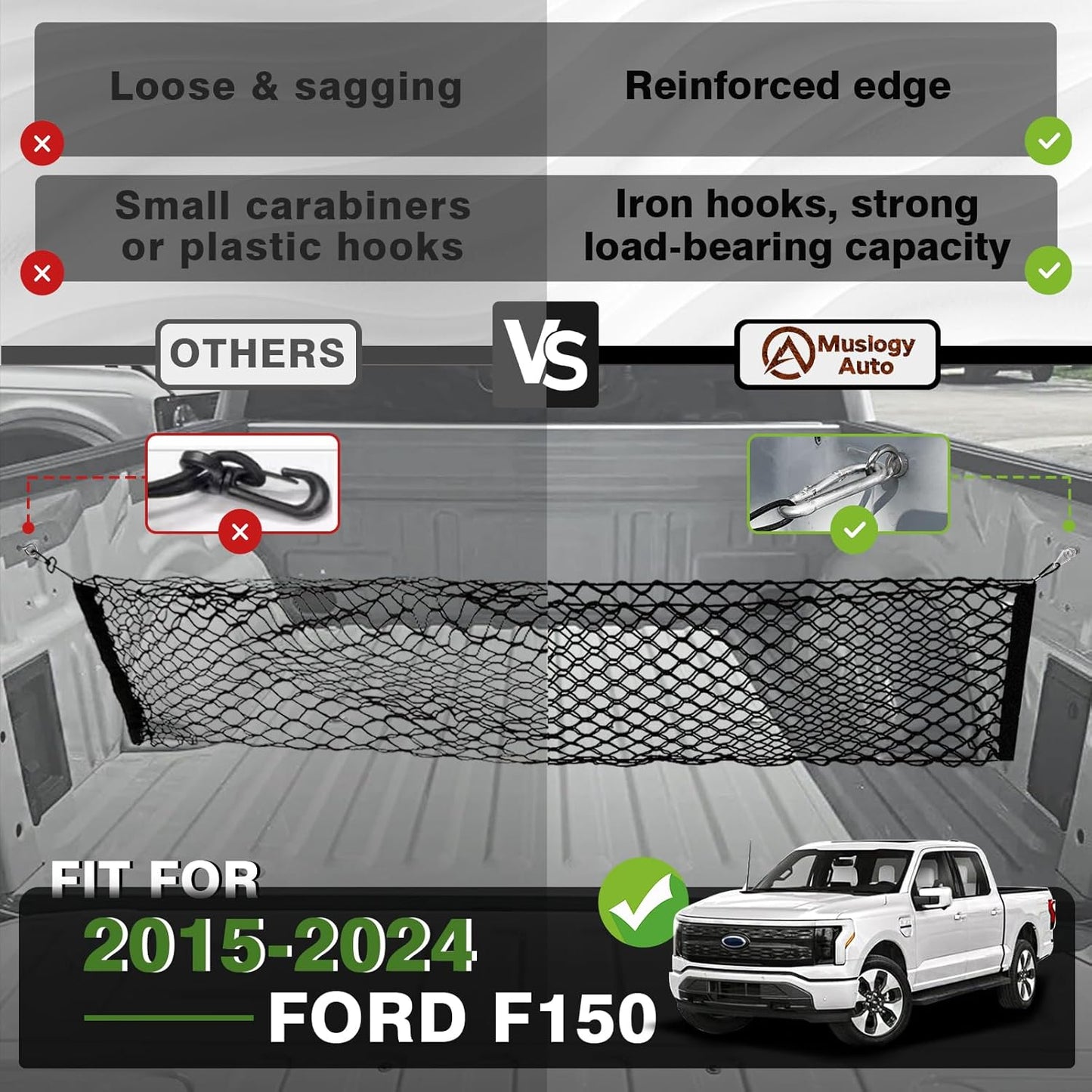 TripleAliners Truck Bed Cargo Net Compatible with Ford F150 2015-2023 2024, Include Lightning Accessories Bed Storage Net Cargo Organizer Pickup Truck Bed Envelope Style Cargo Net with Heavy Duty Carabiners