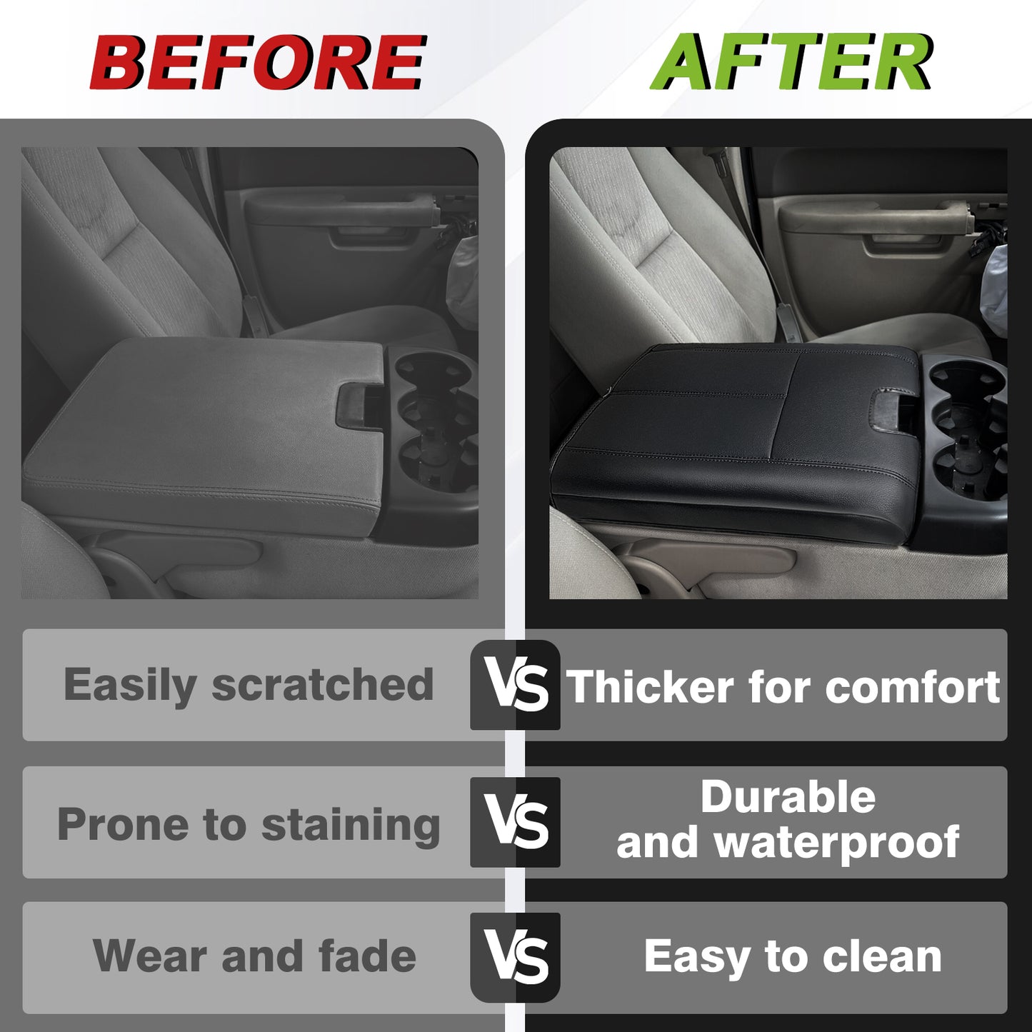 Center Console Armrest Cover Compatible with Chevy Silverado/Tahoe & GMC Sierra/Yukon 2007-2013 Comfort Armrest Pad Arm Rest Cushion Vegan Leather Protector Regular Thick(Jump Seat ONLY)