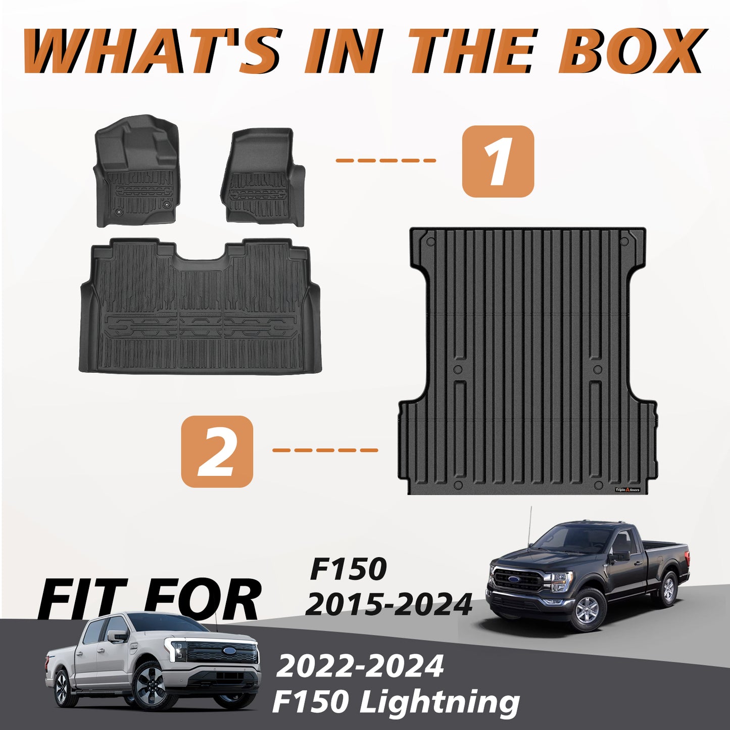 Triplealiners 5.5FT Truck Bed Mat & Floor Mats Compatible with 2015-2024 Ford F150 & 2022-2024 Lightning SuperCrew Cab(Won't fit side with storage box))