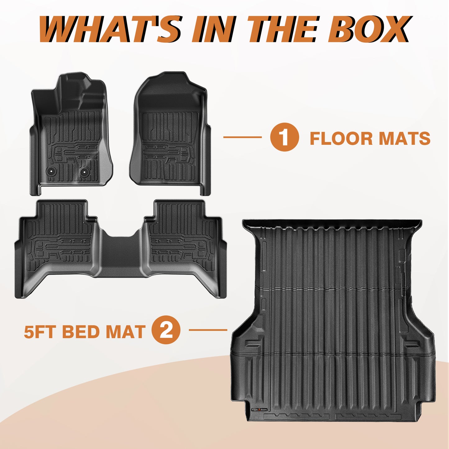 TripleAliners Truck Bed Mat & Floor Mats Front Rear Full Set Compatible with Ford Ranger 2024-2025 SuperCrew Accessories All Weather TPE Truck Liner Custom Fit (5FT Truck Bed Mat+Floor Mats)