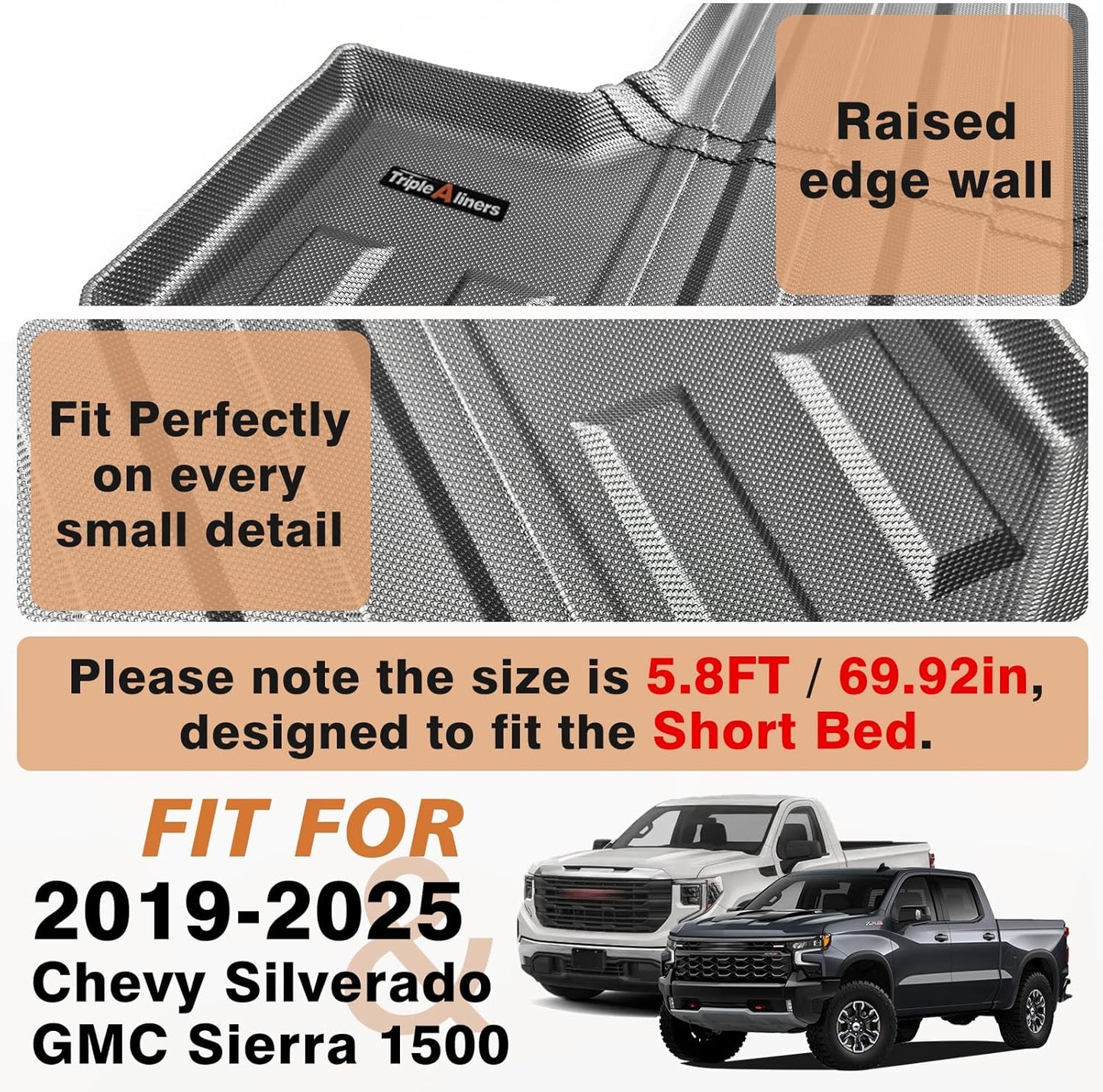 Trunk Bed Mat for Chevy Silverado/GMC Sierra 1500 2019-2025 5'8'' (69.9inch) Short Bed