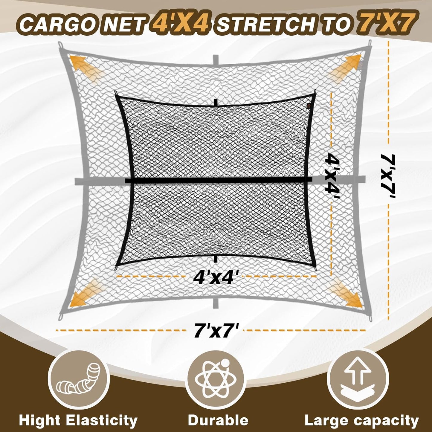 Muslogy Truck Bed Cargo Net Compatible with Pickup Truck Bed Organizer Stretchable 4'x4' to 7'x7' High Elastic Heavy Duty Upgraded Reinforced Storage Net with 10 Metal Carabiners (Single Layer)