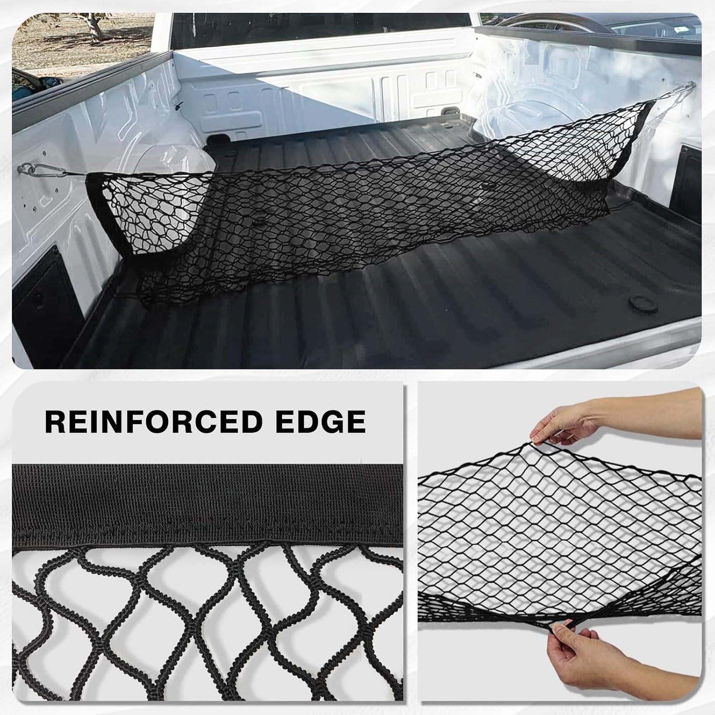 TripleAliners Truck Bed Cargo Net Compatible with Ford F150 2015-2023 2024, Include Lightning Accessories Bed Storage Net Cargo Organizer Pickup Truck Bed Envelope Style Cargo Net with Heavy Duty Carabiners