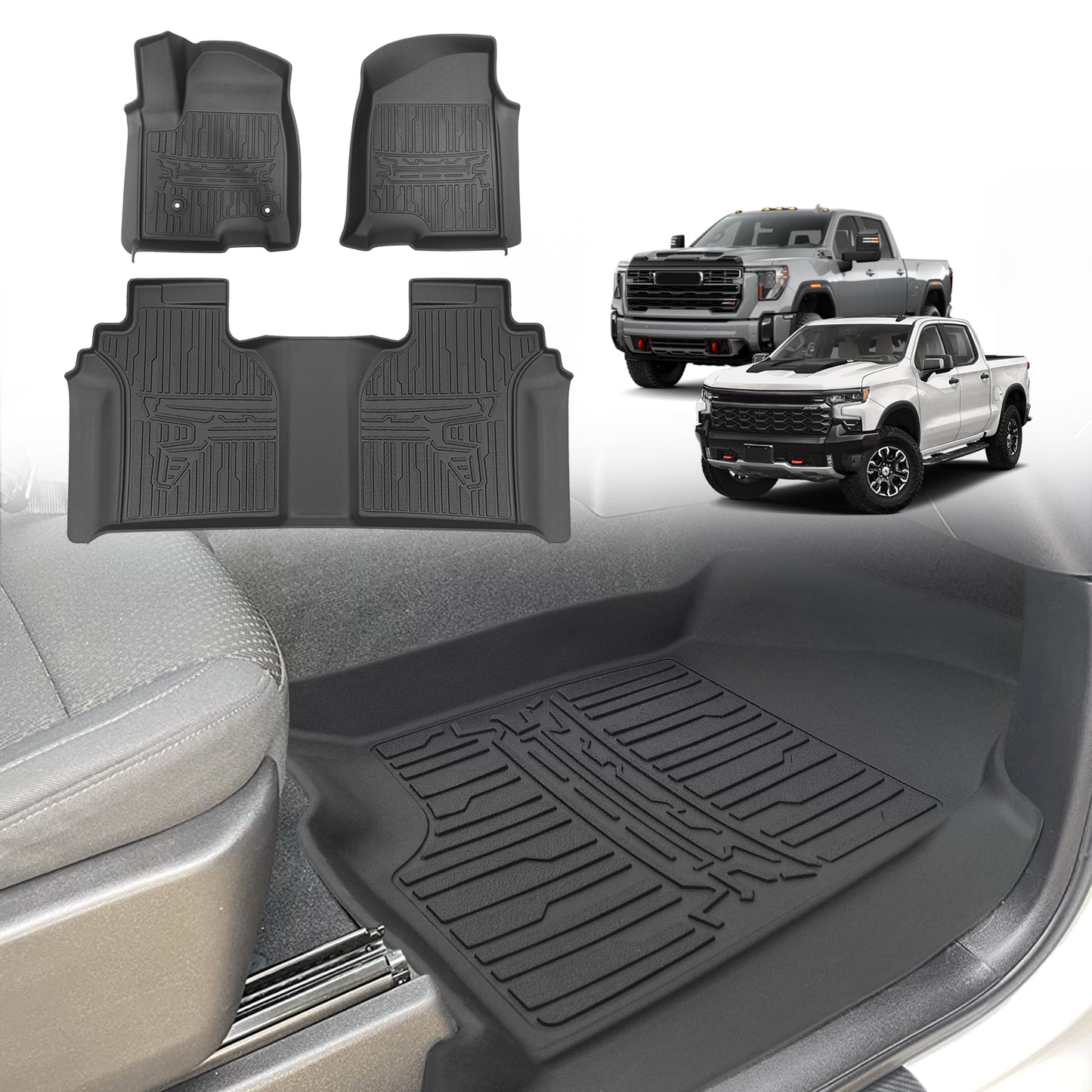 TripleAliners Floor Mats for 2019-2024 Chevy Silverado/GMC Sierra 1500 &amp; 2020-2024 Silverado/Sierra 2500 HD/3500HD Crew Cab 1st &amp; 2nd Row, Rear with Factory Carpeted Storage