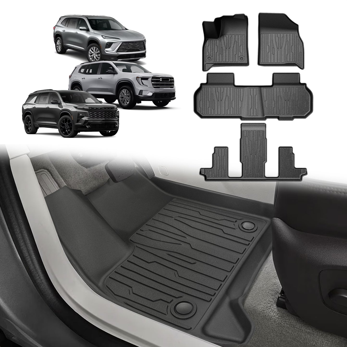 TripleAliners Floor Mats All Weather Compatible with 2024+ GMC Acadia/Chevy Traverse | models with second-row captain's chairs /2025 Buick Enclave Accessories Front & 2nd & 3rd Row Full Set Floor Liners TPE Custom Fit Protection Car Mats 4-pc