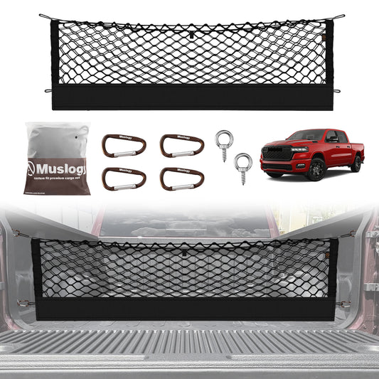 Muslogy Truck Bed Cargo Net Compatible with Dodge Ram 1500 2019-2025 Accessories Storage Organizer Pickup Truck Bed Envelope Style Cargo Net with Heavy Duty Carabiners 10