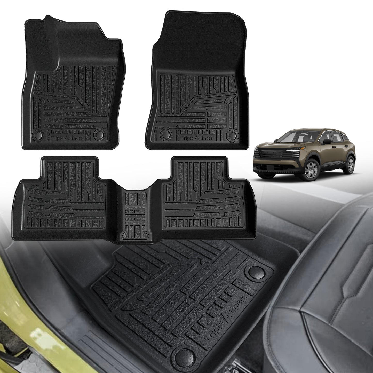 TripleAliners All Weather Floor Mats Compatible with 2025 Nissan Kicks Interior Accessories 1st & 2nd Row Floor Liners Custom Fit Anti-Slip TPE Full Coverage Protection Waterproof Car Mats