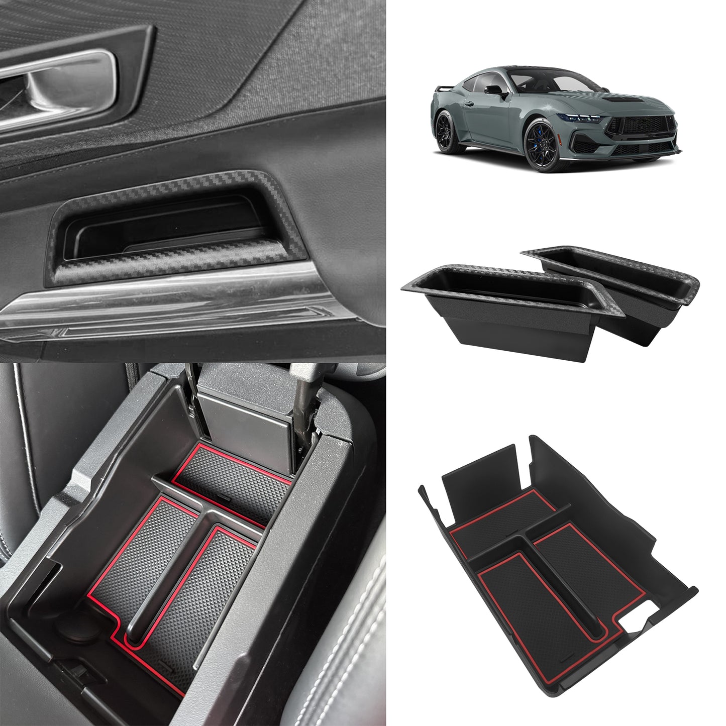 for 2024 Mustang Door Handle Storage Box 2PCS Door Pocket Insert Organizer Interior Accessories Armrest Phone Container ABS Tray