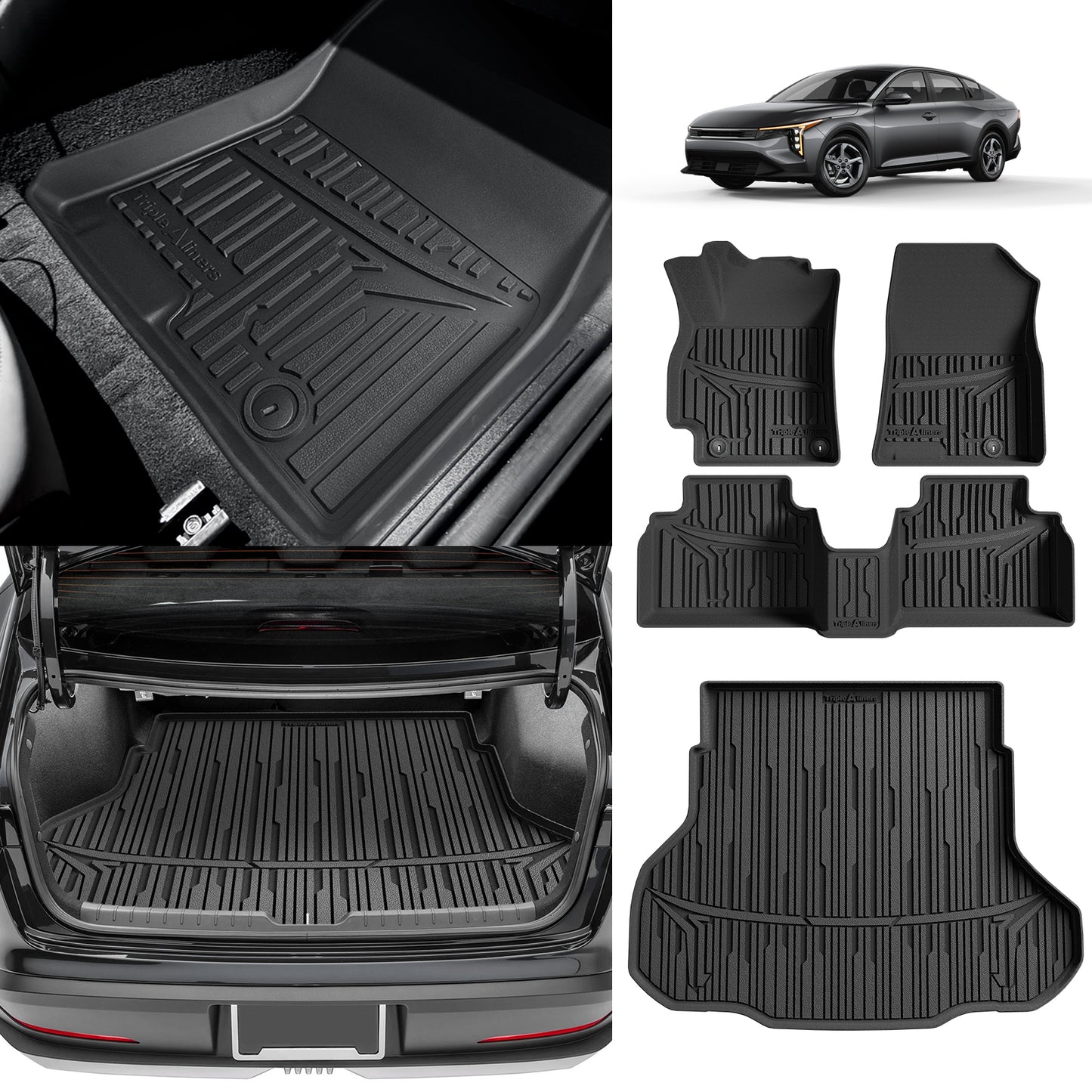 TripleAliners All Weather Floor Mats Compatible with 2025 KIA K4 Accessories 1st & 2nd Row Liners TPE Full Coverage Protection Waterproof Car Floor Liners