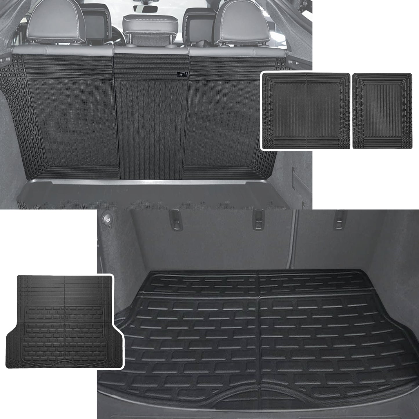 TripleAliners Vehicle Mat Universal Fit Trunk Cargo Liner All-Weather XPE Material Rear Cargo Mat SeatBack Protector Trimmable Design Compatible with Most Vehicle Sedan SUV(Seat Back Cover+Trunk Mat)