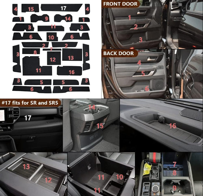 Fits Tundra Accessories 2022-2024 Premium Custom Interior Non-Slip Anti Dust Cup Holder Inserts 30 Pcs Set Center Console Liner Door Pocket Liners