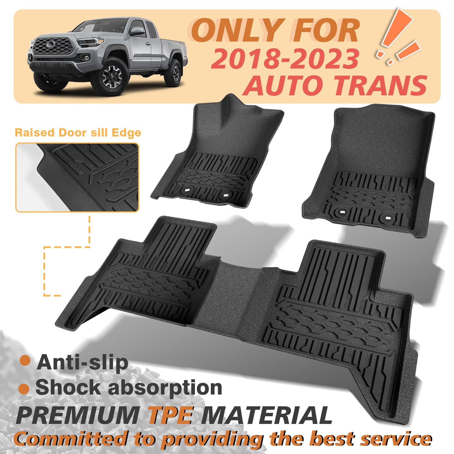 TripleAliners Floor Mats All Weather Compatible with 2018-2023 Toyota Tacoma Accessories Double Cab Front & Rear Custom Fit TPE Extra Door Sill Protection, Only for Auto Trans (Floor Mats)