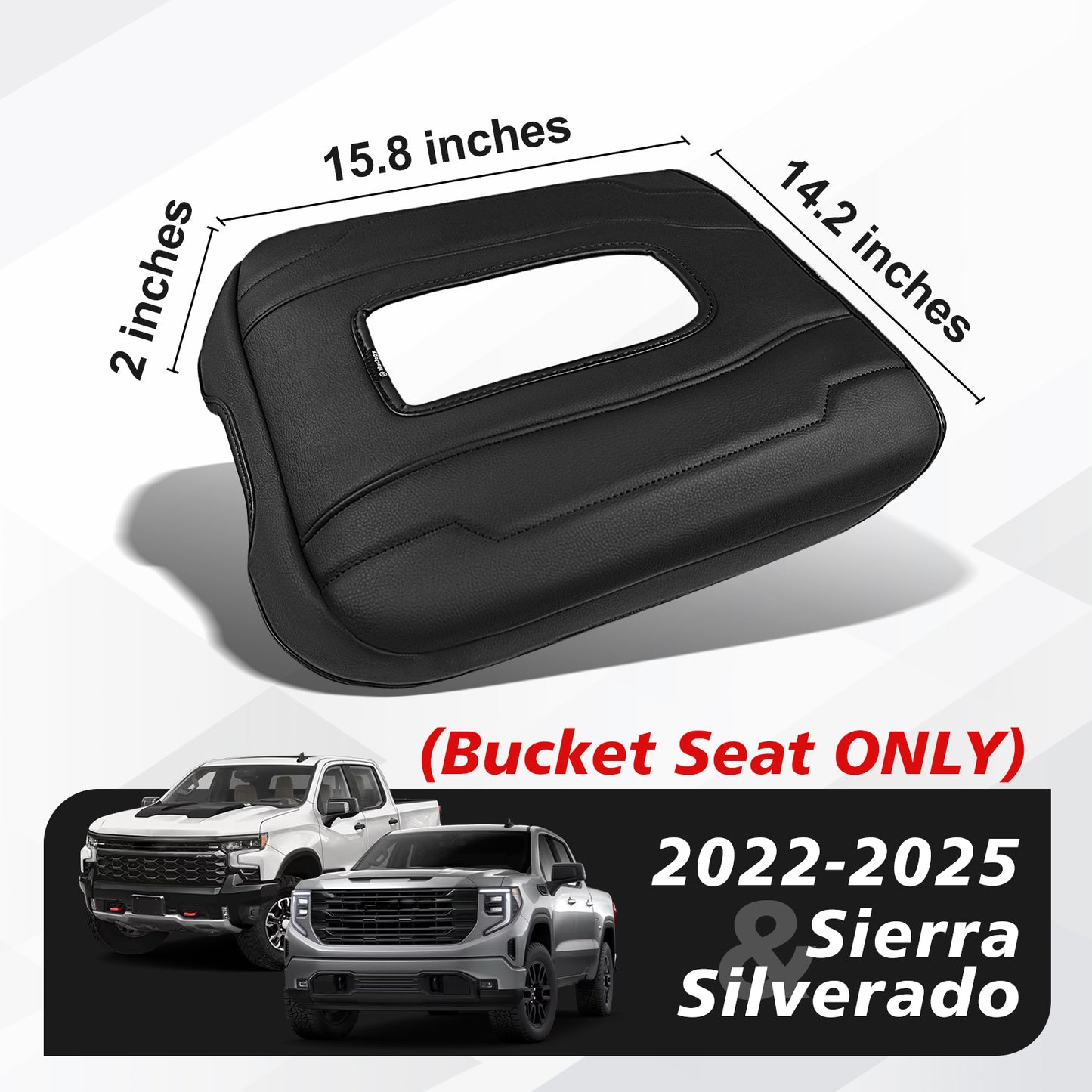 Center Console Armrest Cover Compatible with Chevy Silverado & GMC Sierra 1500 2500 3500 2022-2025 Comfort Armrest Pad Arm Rest Cushion Vegan Leather Protector Regular Thick(Bucket Seat ONLY)
