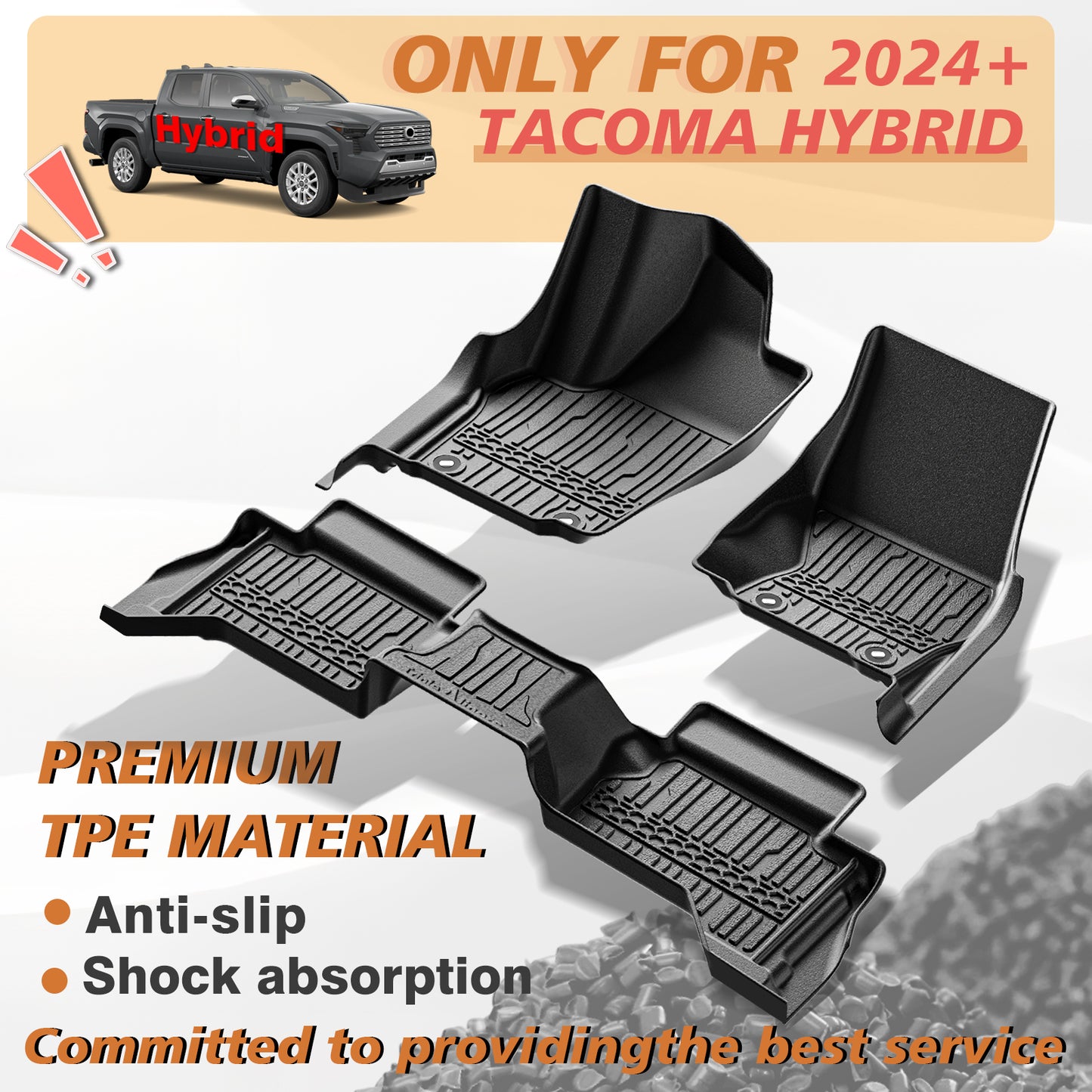 TripleAliners Floor Mats All Weather Liners Compatible with 2024 2025 Toyota Tacoma Accessories Double Cab Front & Rear 2-Row Custom Fit TPE, Hybrid ONLY (Won't Fit Gasoline)