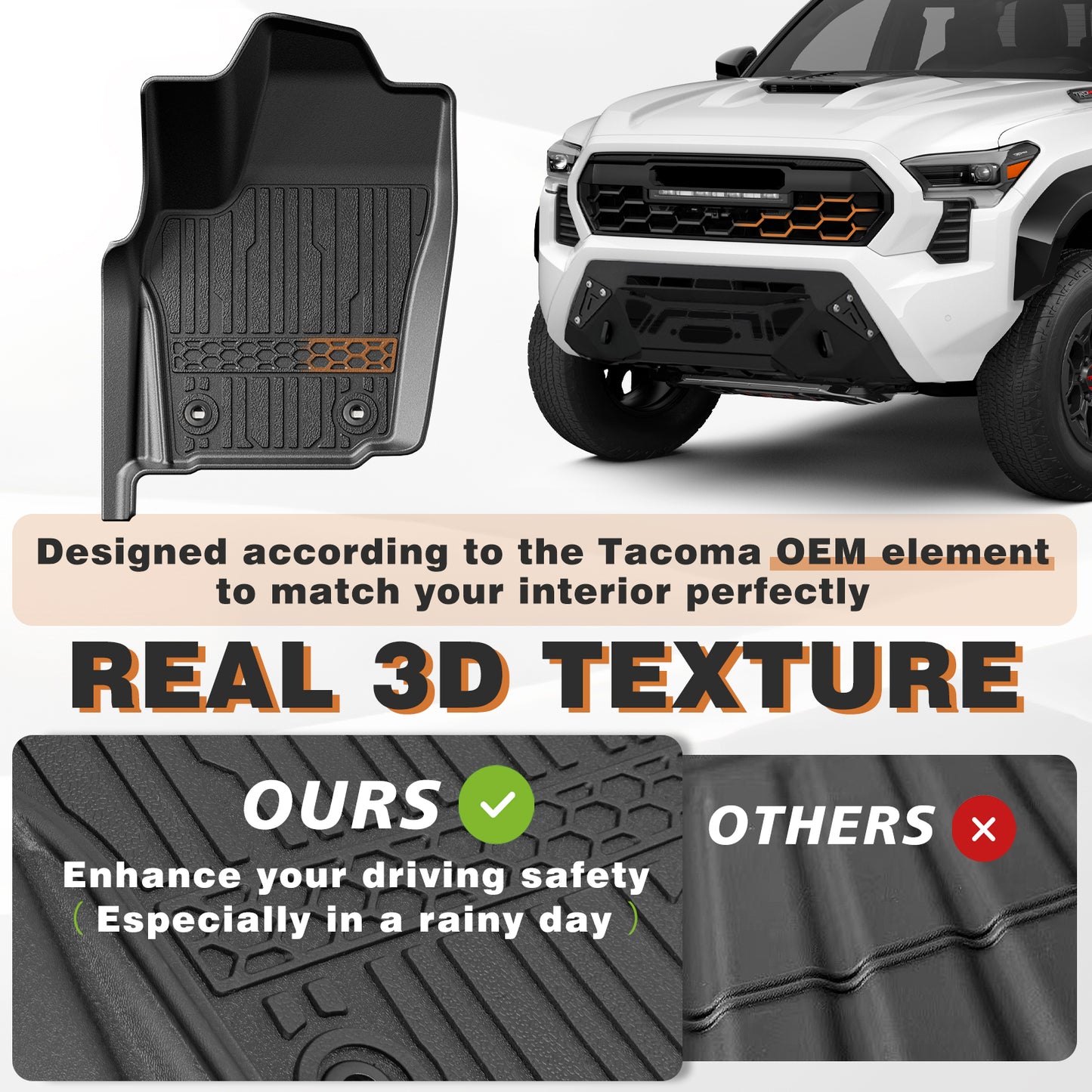 TripleAliners Floor Mats All Weather Liners Compatible with 2024 2025 Toyota Tacoma Accessories Double Cab Front & Rear 2-Row Custom Fit TPE, Hybrid ONLY (Won't Fit Gasoline)