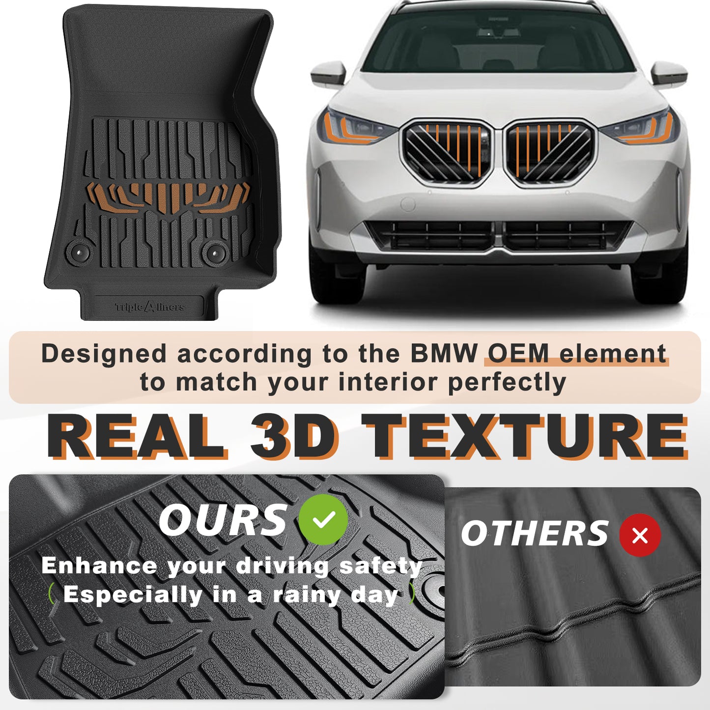 TripleAliners Floor Mats All Weather Compatible with 2025 BMW X3 Accessories 1st & 2nd Row TPE Heavy Duty Protection Odorless Anti-Slip Floor Liners