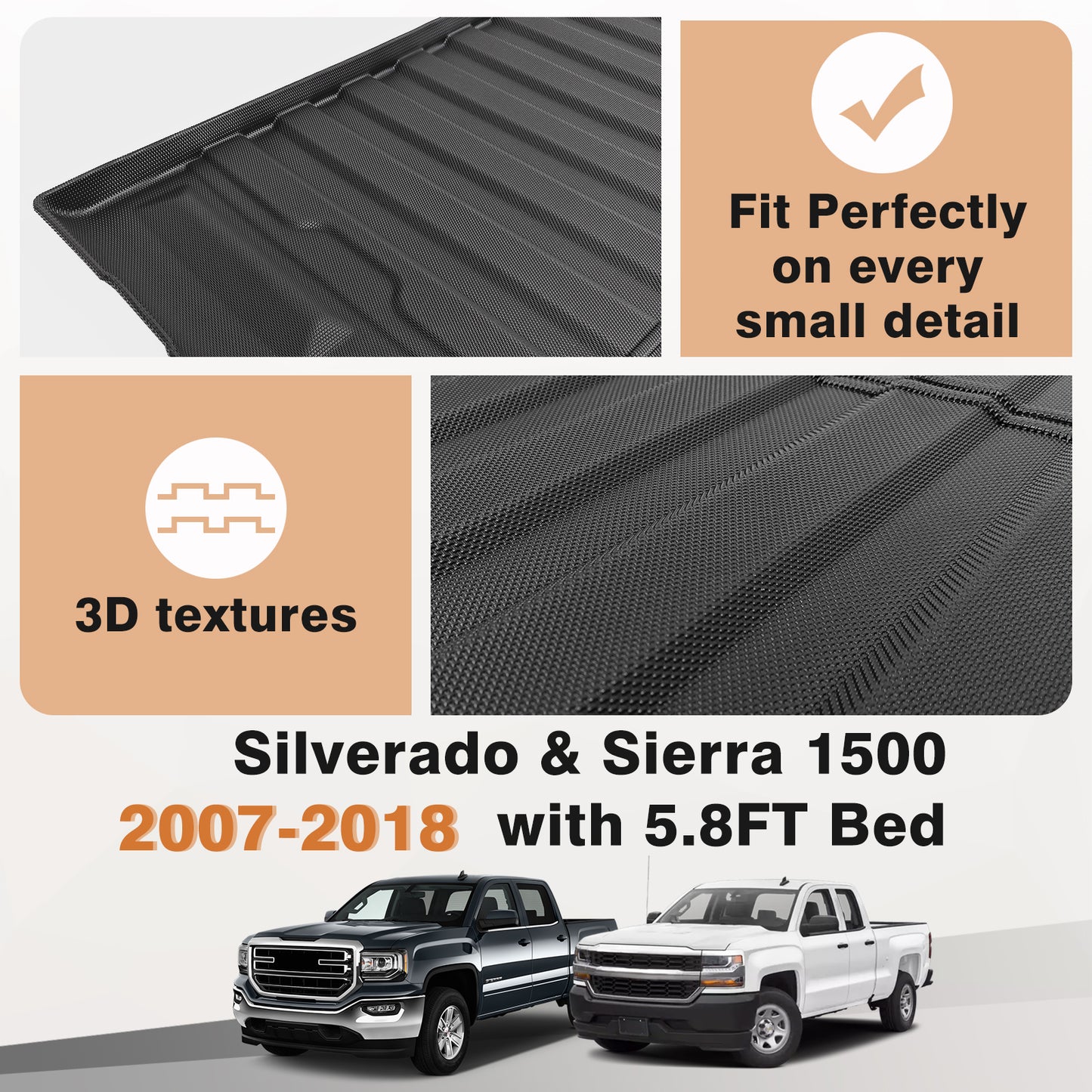 Truck Bed Mat for 2007-2018 Chevy Silverado/GMC Sierra 1500 5.8FT Bed