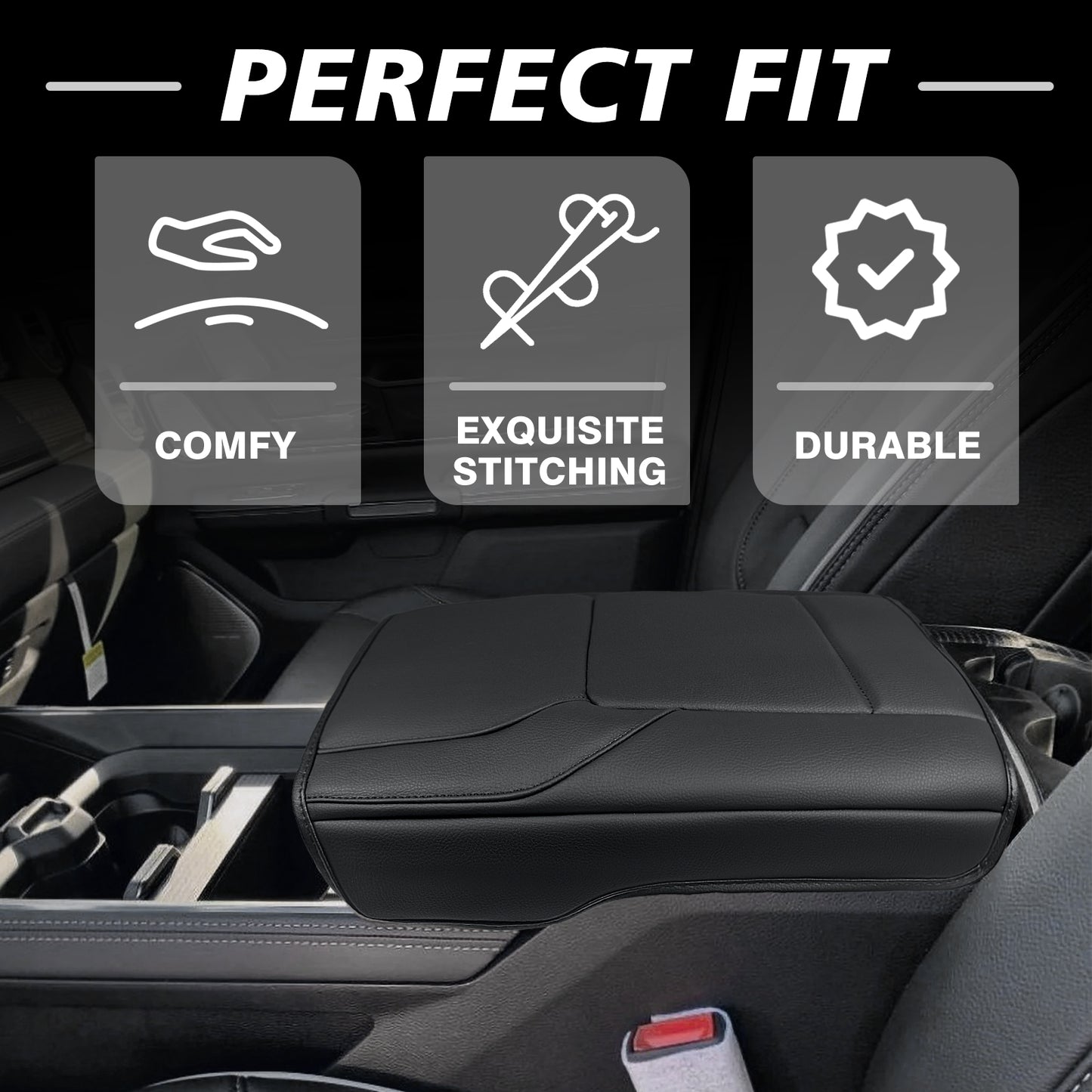 Center Console Armrest Cover Compatible with Dodge Ram1500 2500 3500 2019-2025 Comfort Armrest Pad Arm Rest Cushion Vegan Leather Protector Regular Thick(Bucket Seat ONLY, NO Limited)