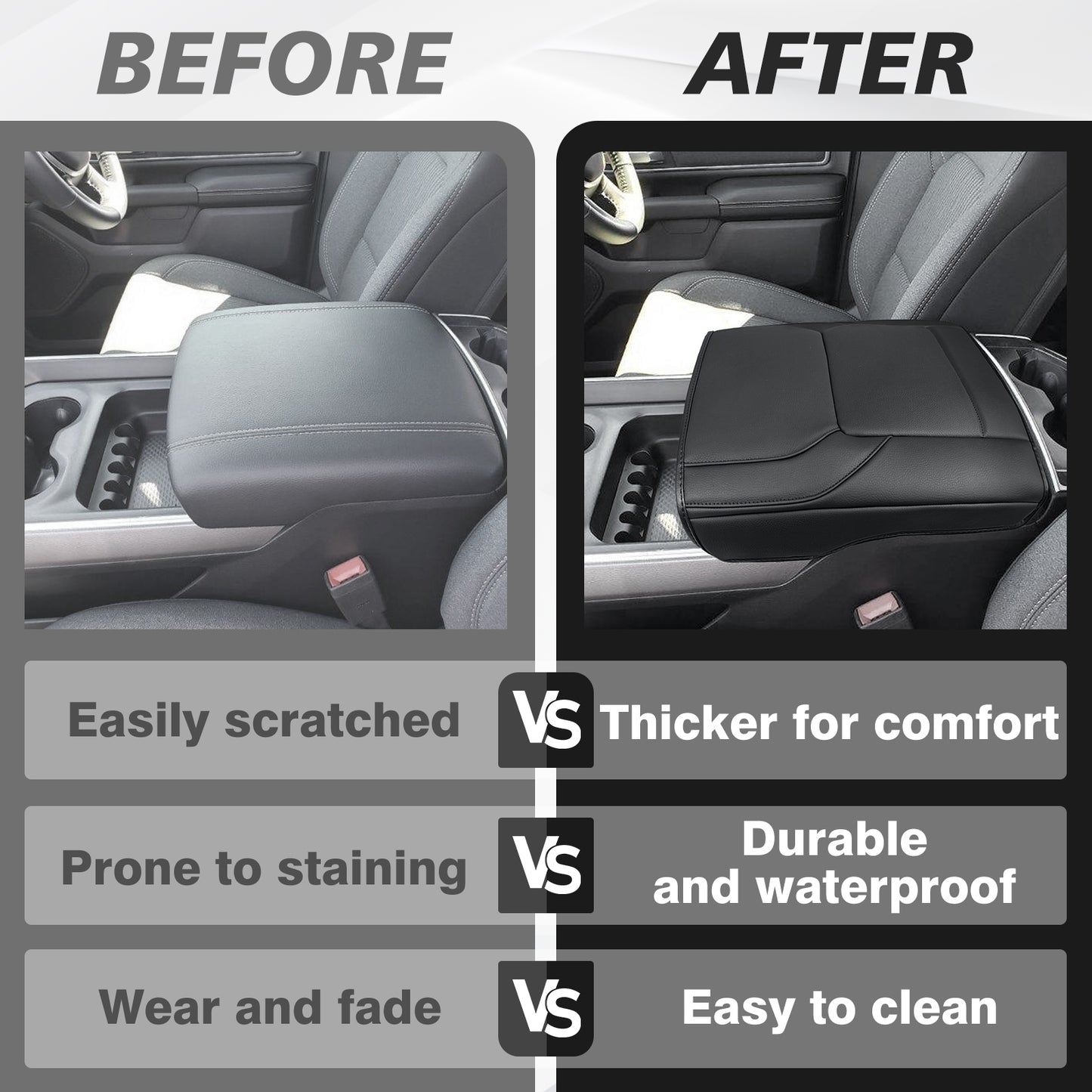 Center Console Armrest Cover Compatible with Dodge Ram1500 2500 3500 2019-2025 Comfort Armrest Pad Arm Rest Cushion Vegan Leather Protector Regular Thick(Bucket Seat ONLY, NO Limited)